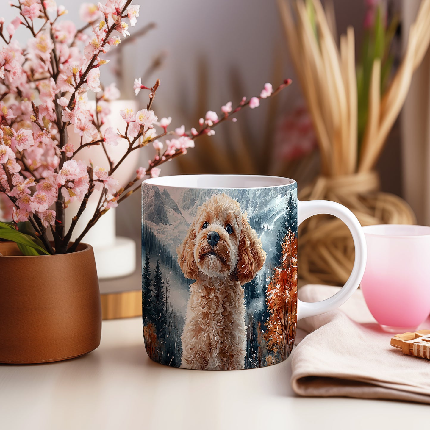 Hrnek s roztomilým Cavapoo v přírodě – digitální ilustrace