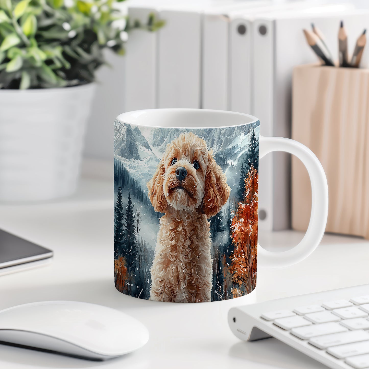 Hrnek s roztomilým Cavapoo v přírodě – digitální ilustrace