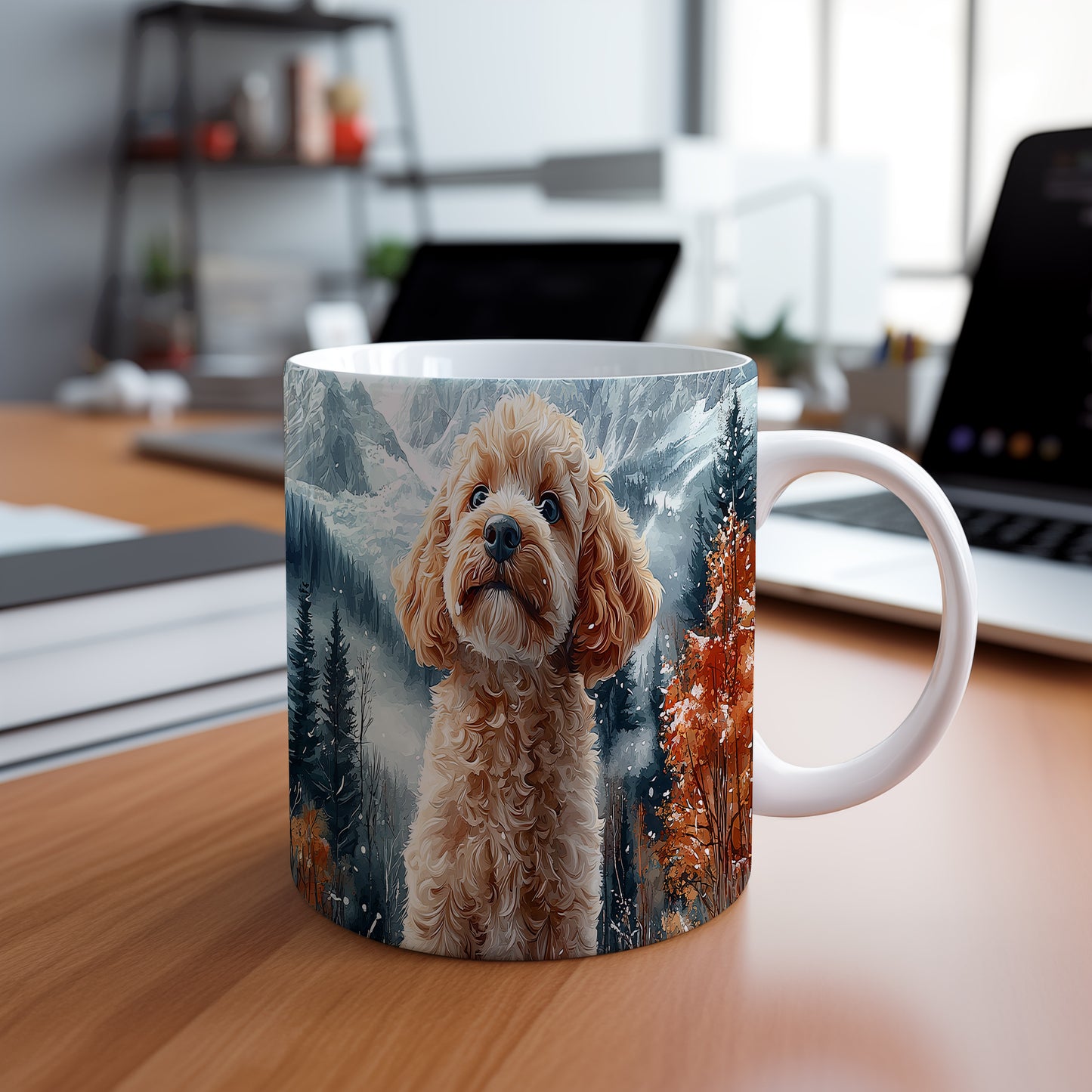 Hrnek s roztomilým Cavapoo v přírodě – digitální ilustrace