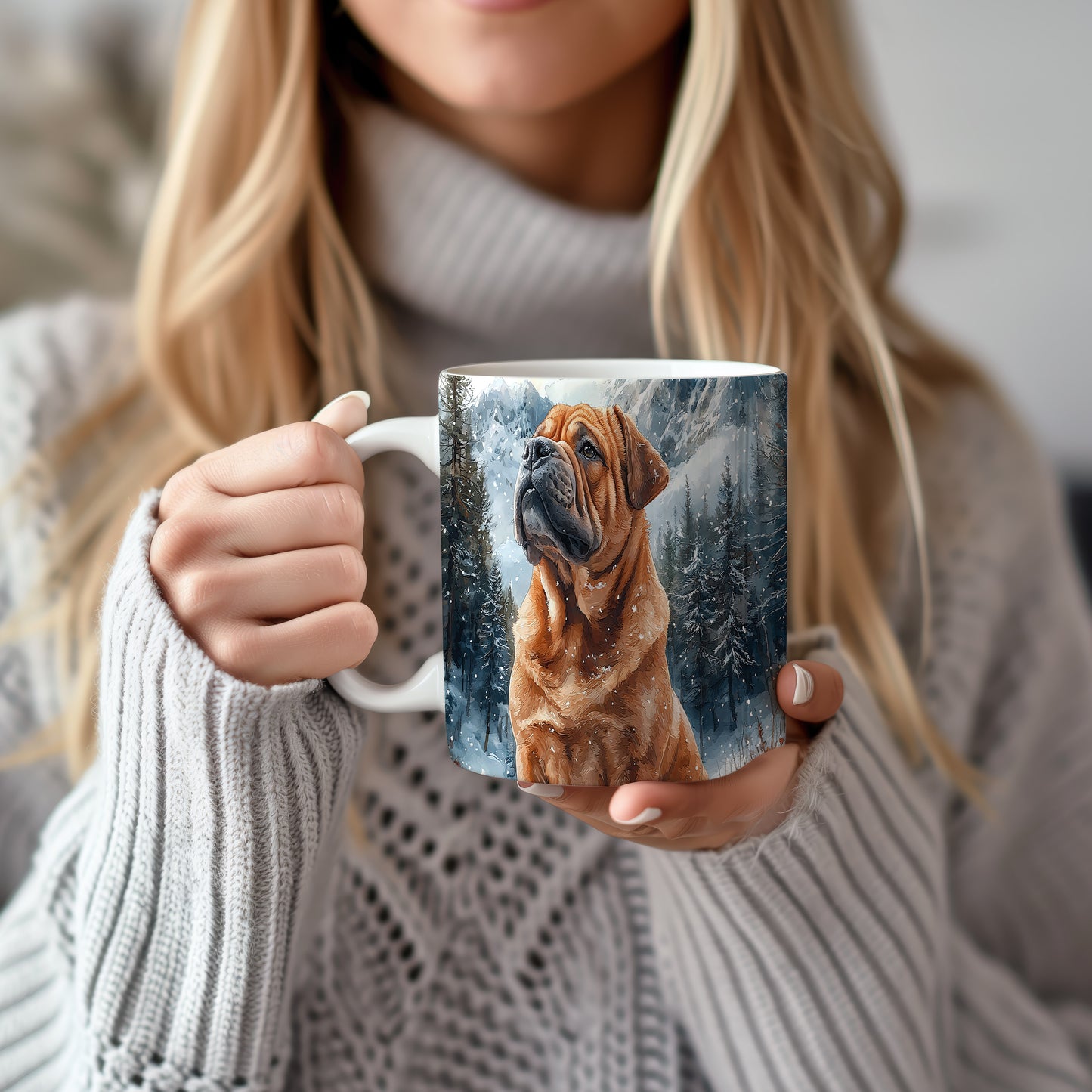 Hrnek s motivem shar pei v zasněžené krajině