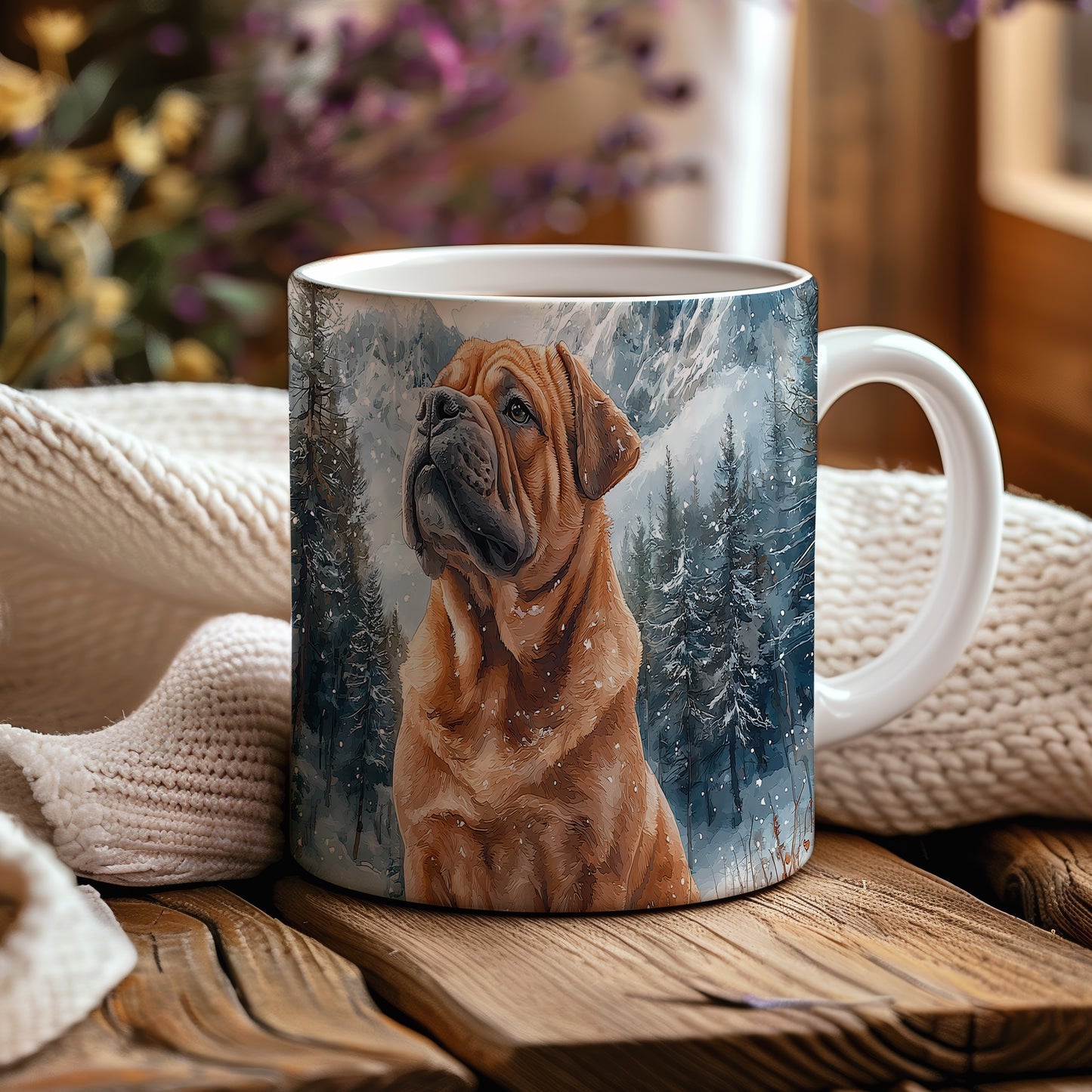 Hrnek s motivem shar pei v zasněžené krajině