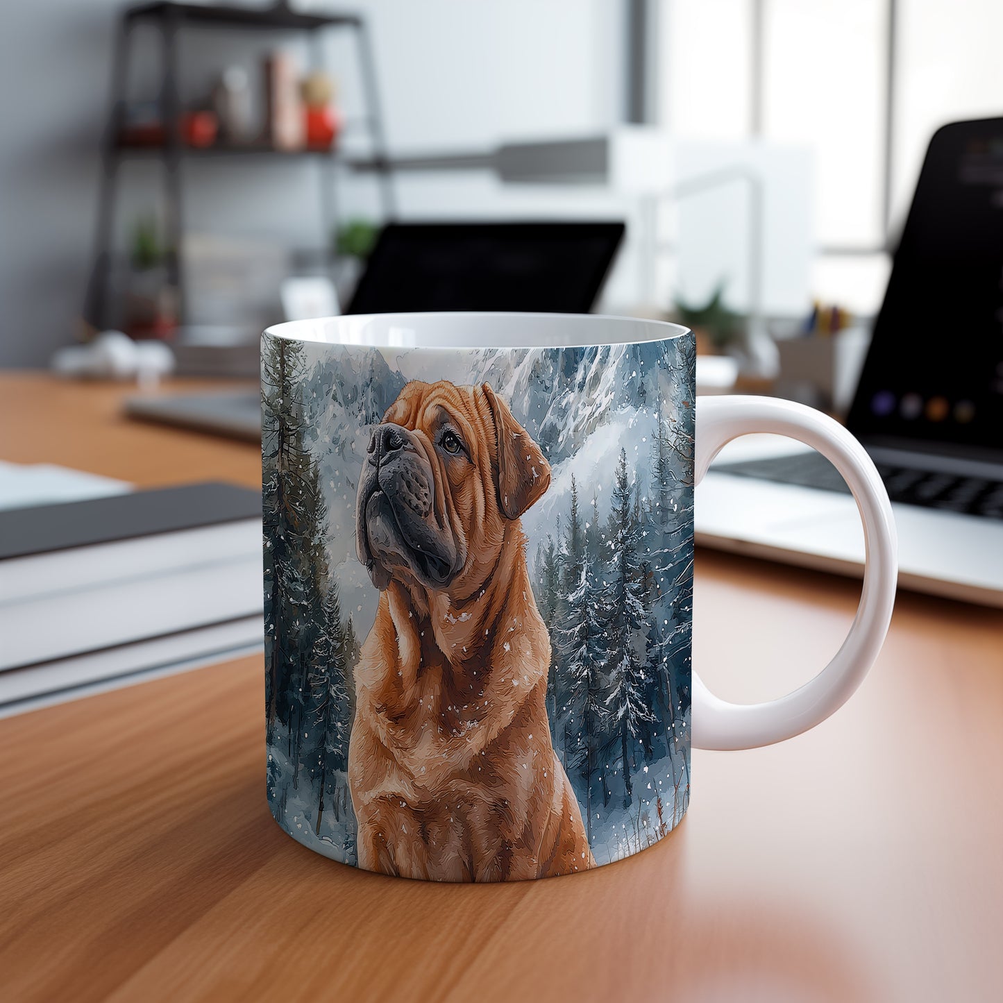 Hrnek s motivem shar pei v zasněžené krajině
