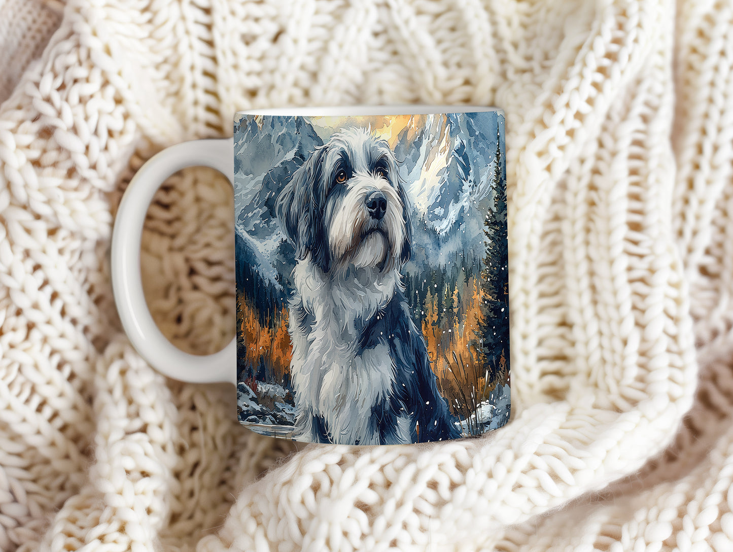 Hrnek s elegantním portrétem Bearded Collie– černobílým motivem