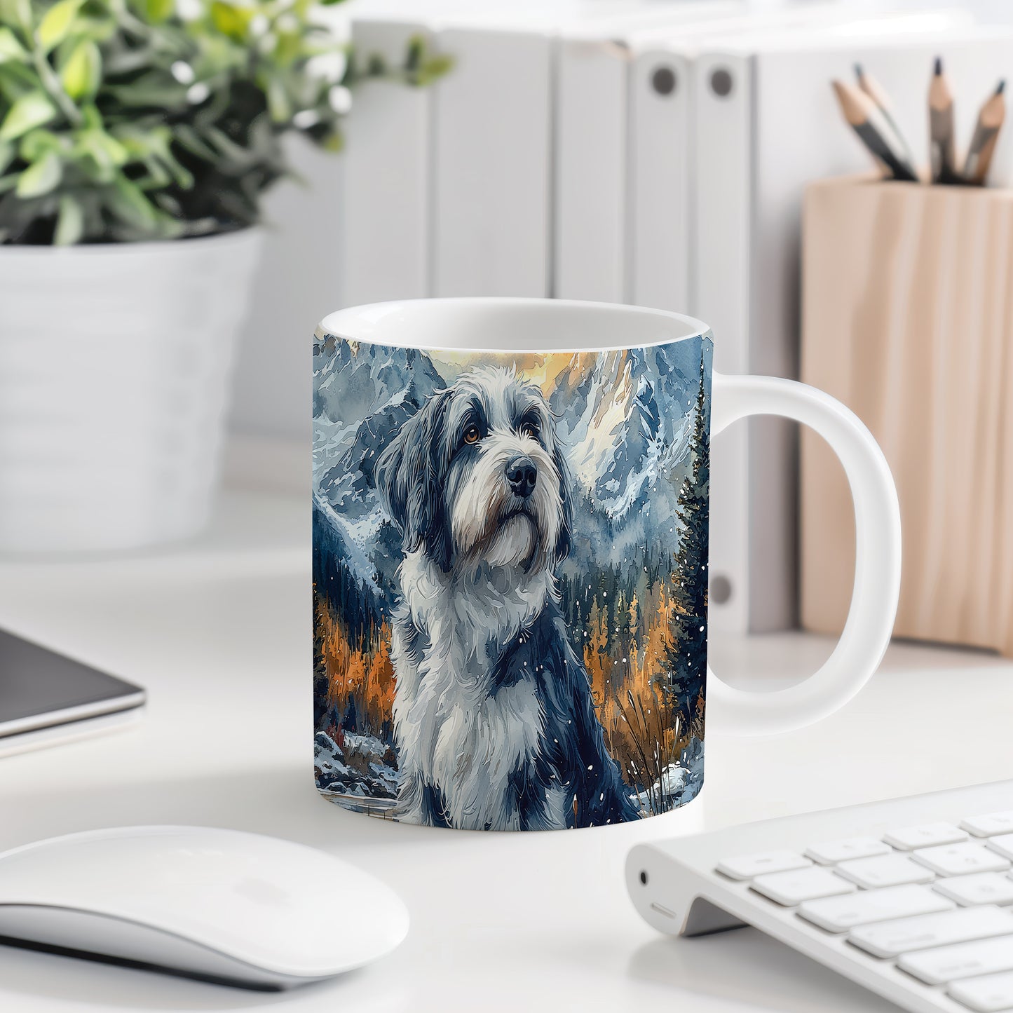 Hrnek s elegantním portrétem Bearded Collie– černobílým motivem