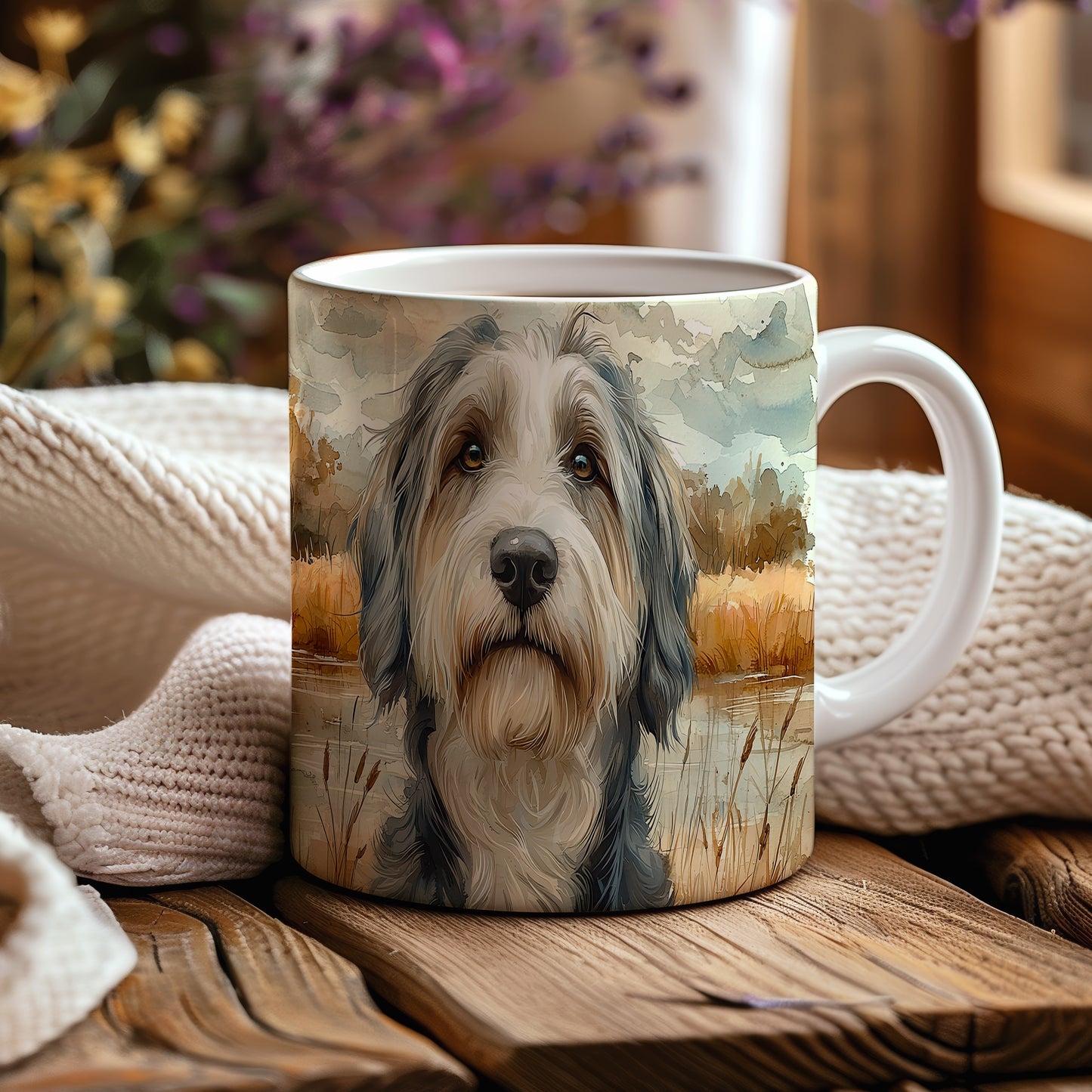 Hrnek s portrétem bearded collie v přírodě