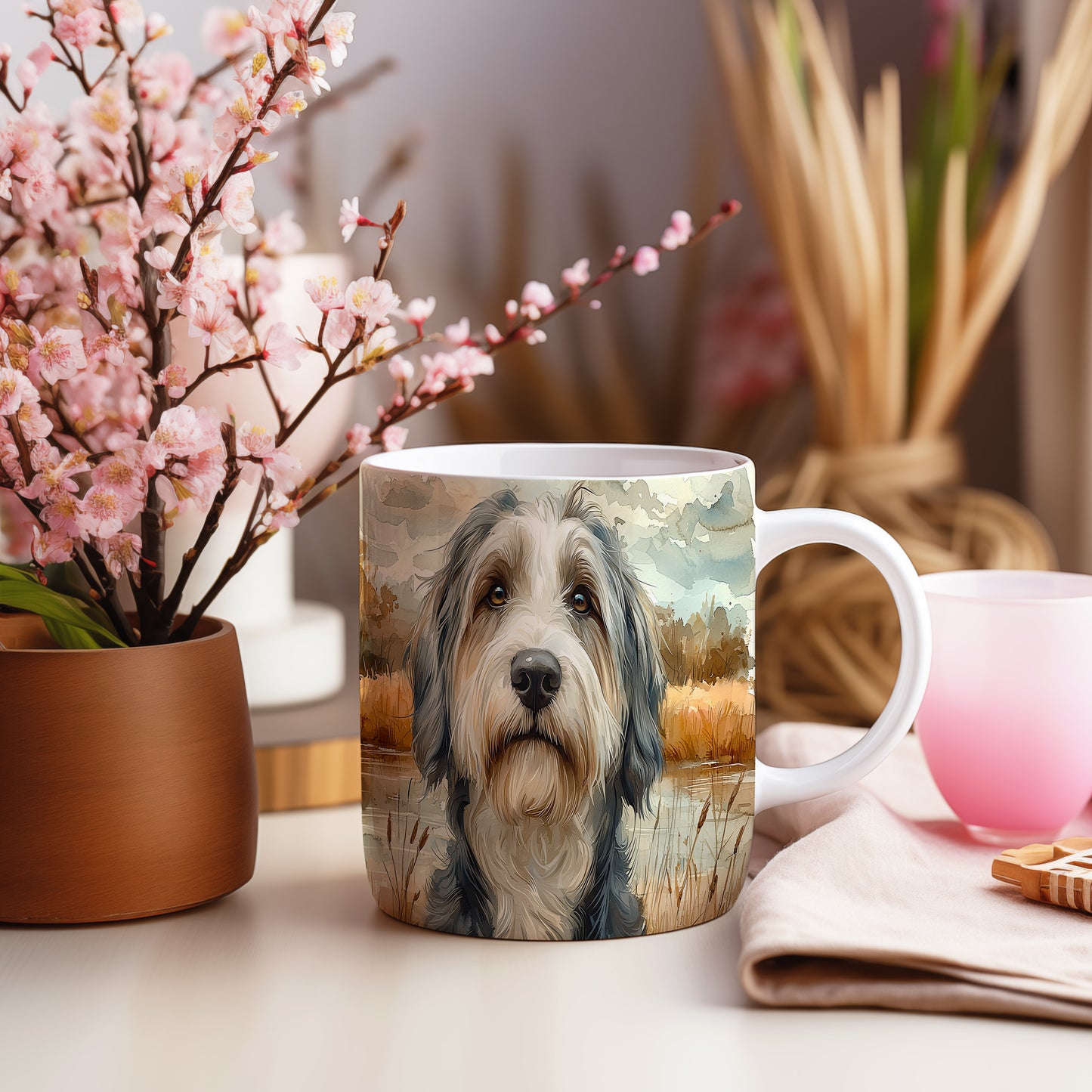 Hrnek s portrétem bearded collie v přírodě