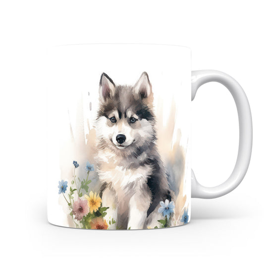 Hrnek se štěnětem huskyho a květinami