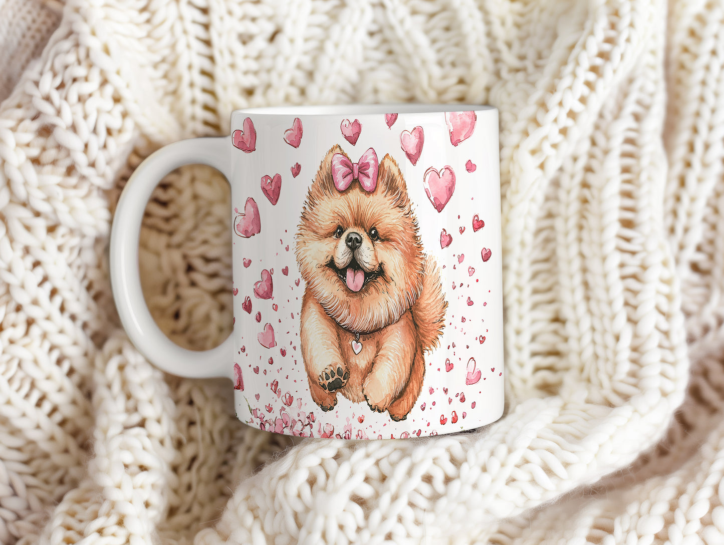 Hrnek s Pomeranianem pejskem a srdíčky v růžových tónech