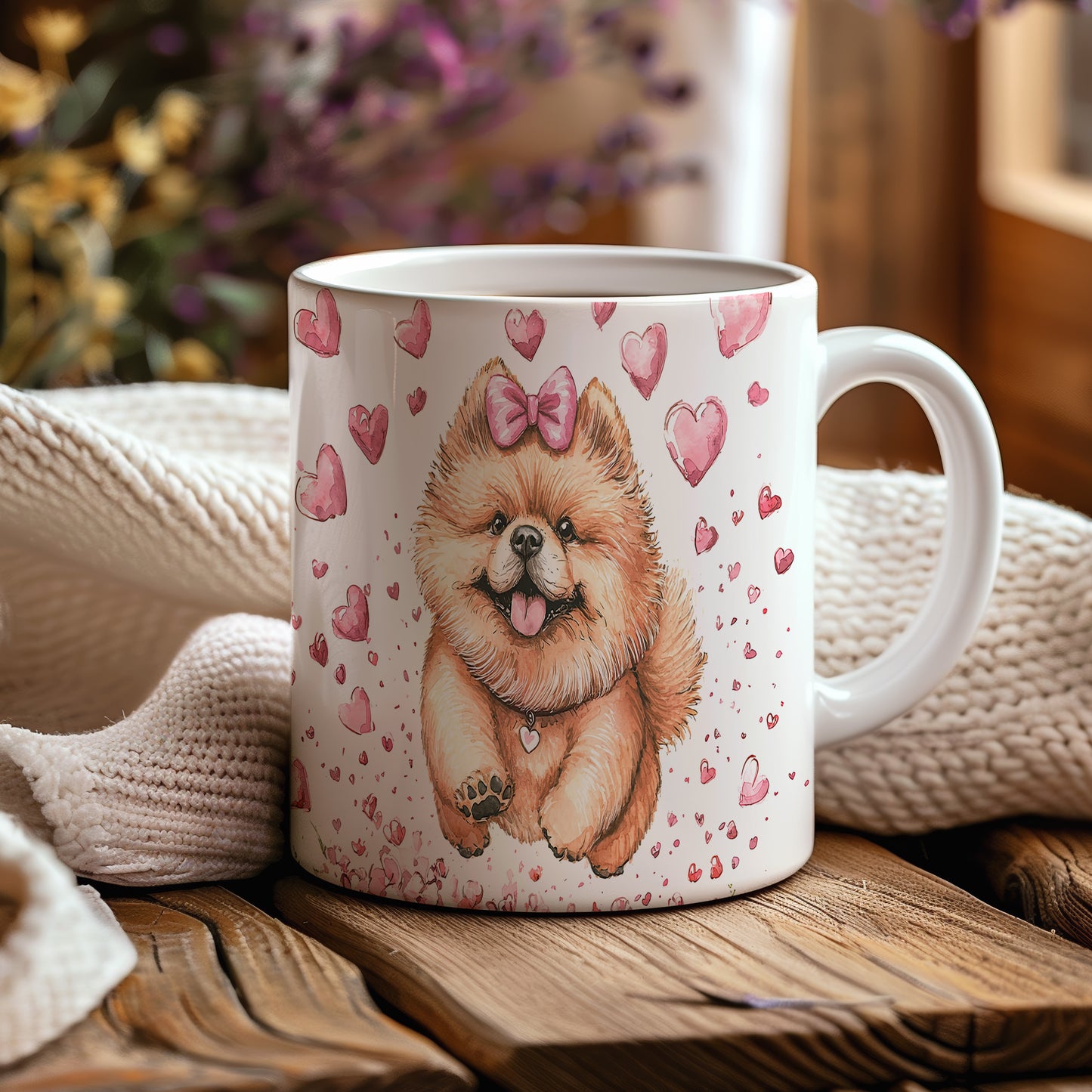 Hrnek s Pomeranianem pejskem a srdíčky v růžových tónech