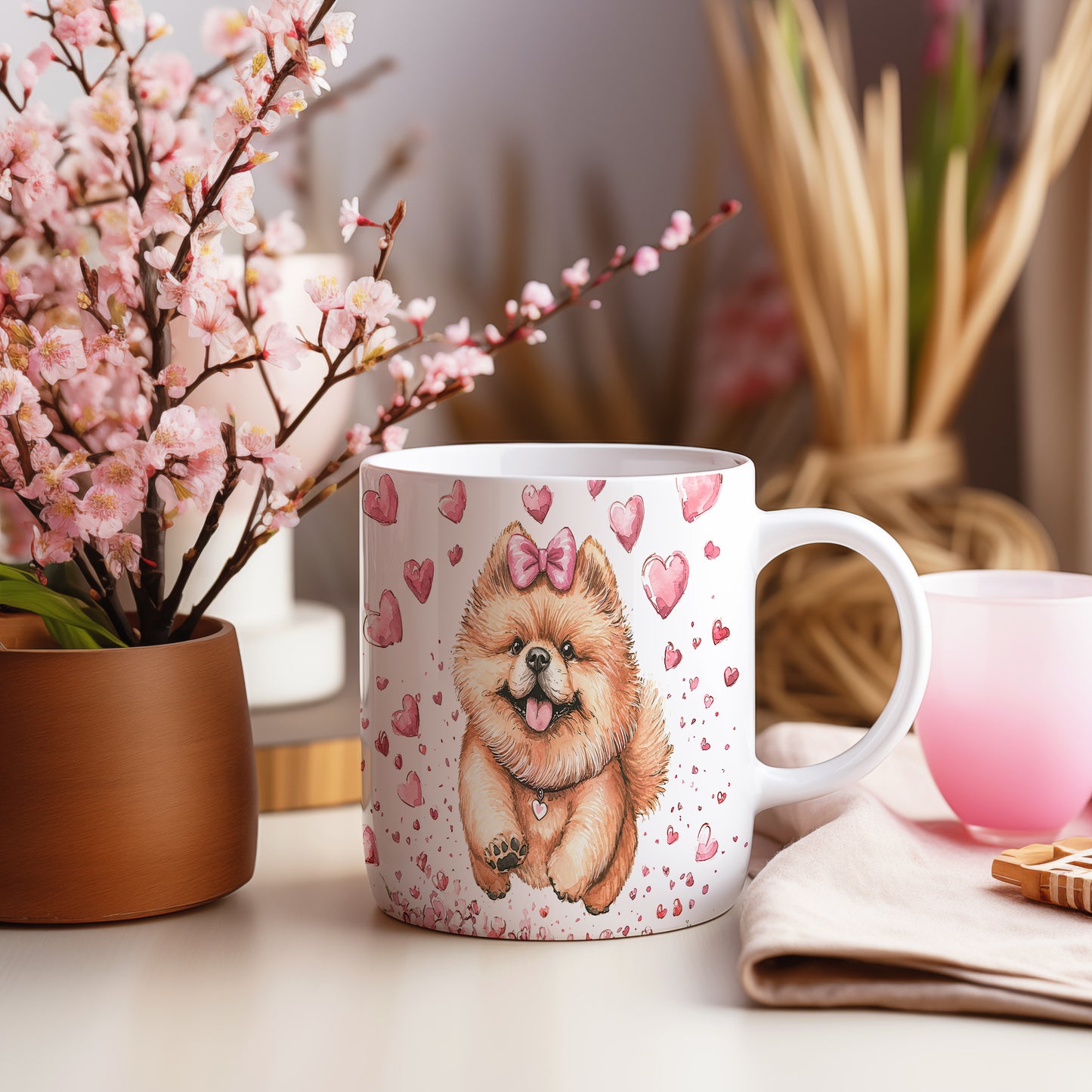 Hrnek s Pomeranianem pejskem a srdíčky v růžových tónech