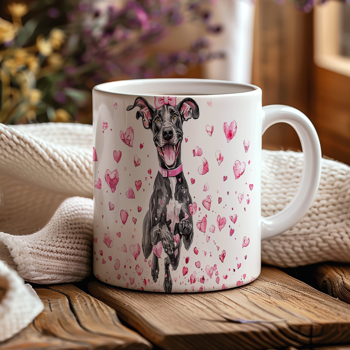 Hrnek s Great Dane a růžovými srdíčky