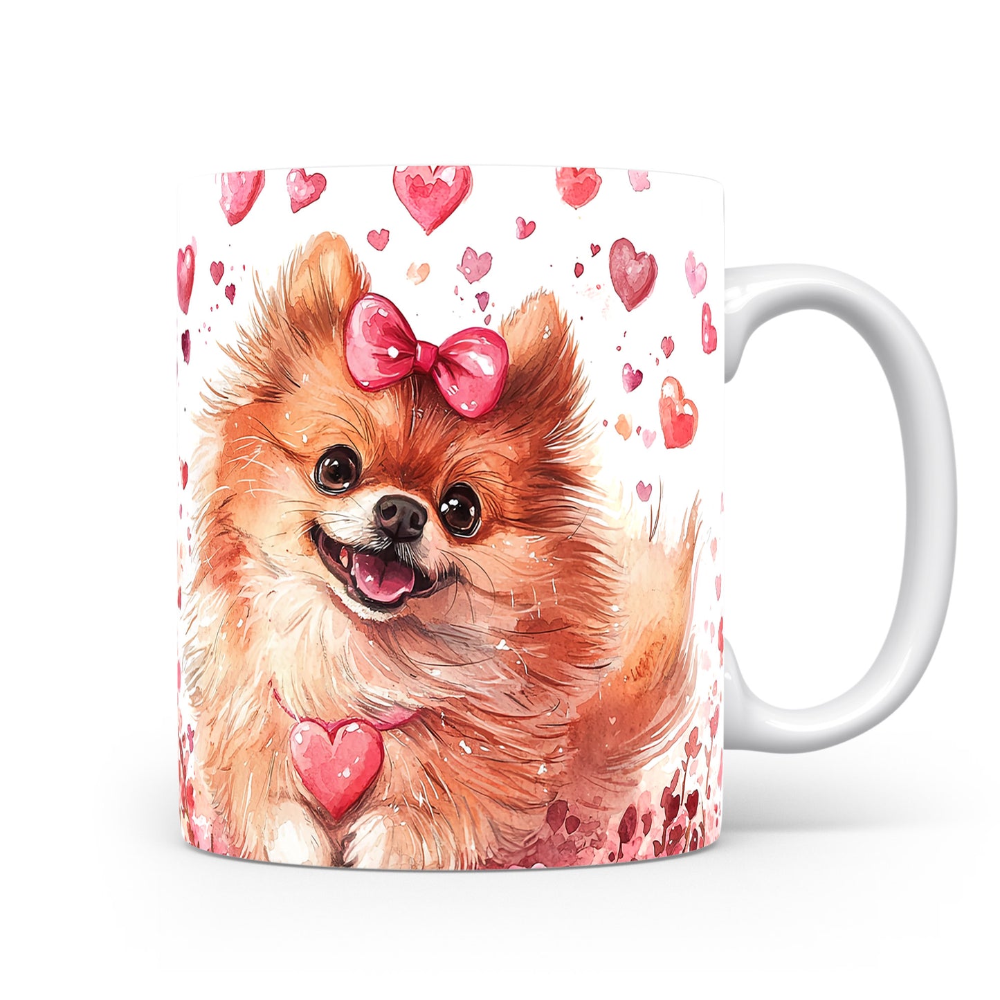 Hrnek s veselým pomeranianem a srdíčky v růžových tónech