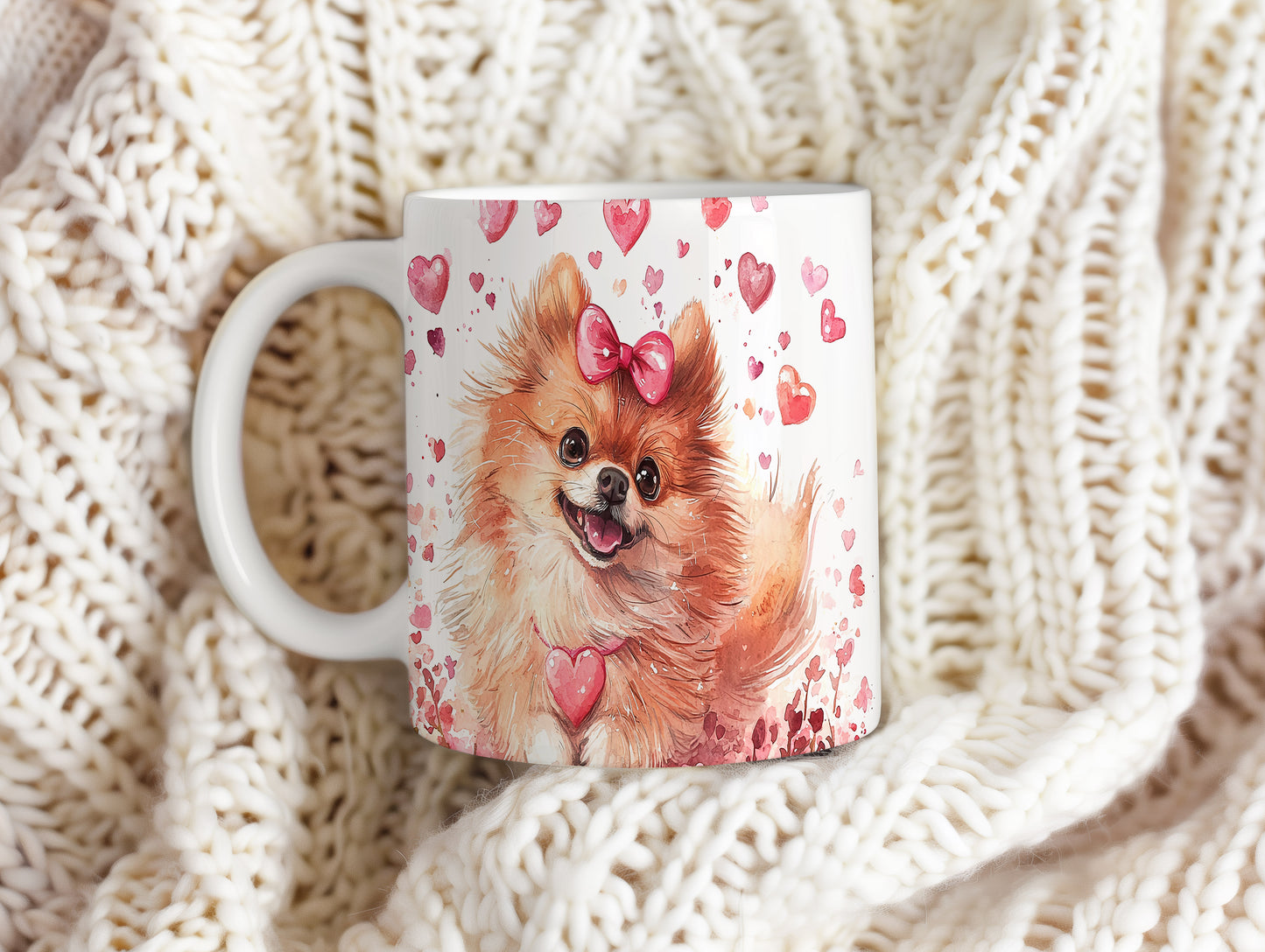 Hrnek s veselým pomeranianem a srdíčky v růžových tónech