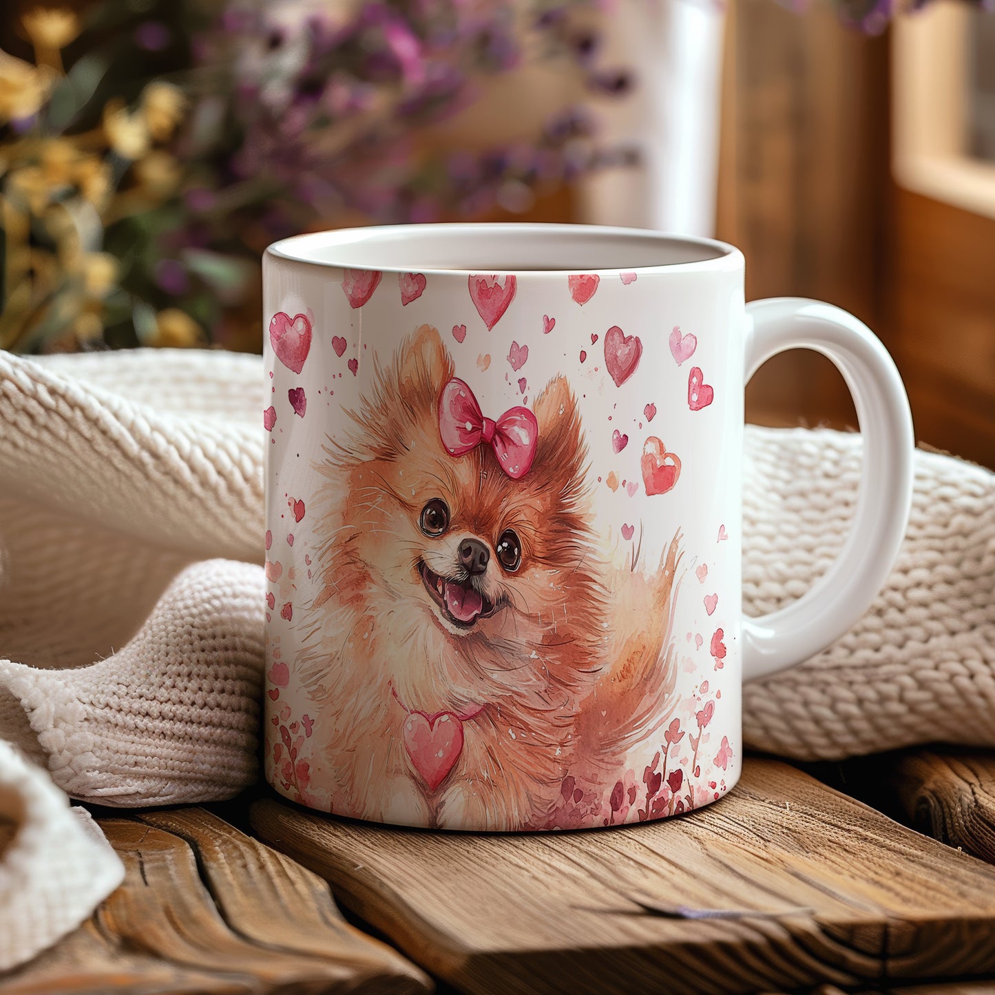 Hrnek s veselým pomeranianem a srdíčky v růžových tónech