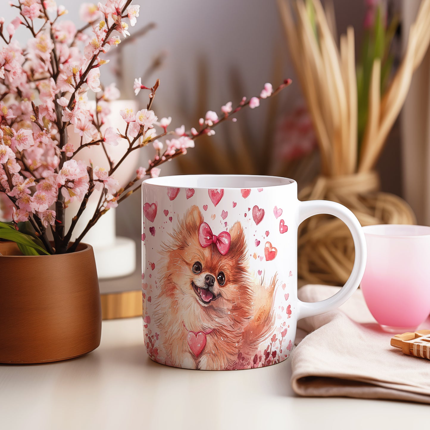Hrnek s veselým pomeranianem a srdíčky v růžových tónech