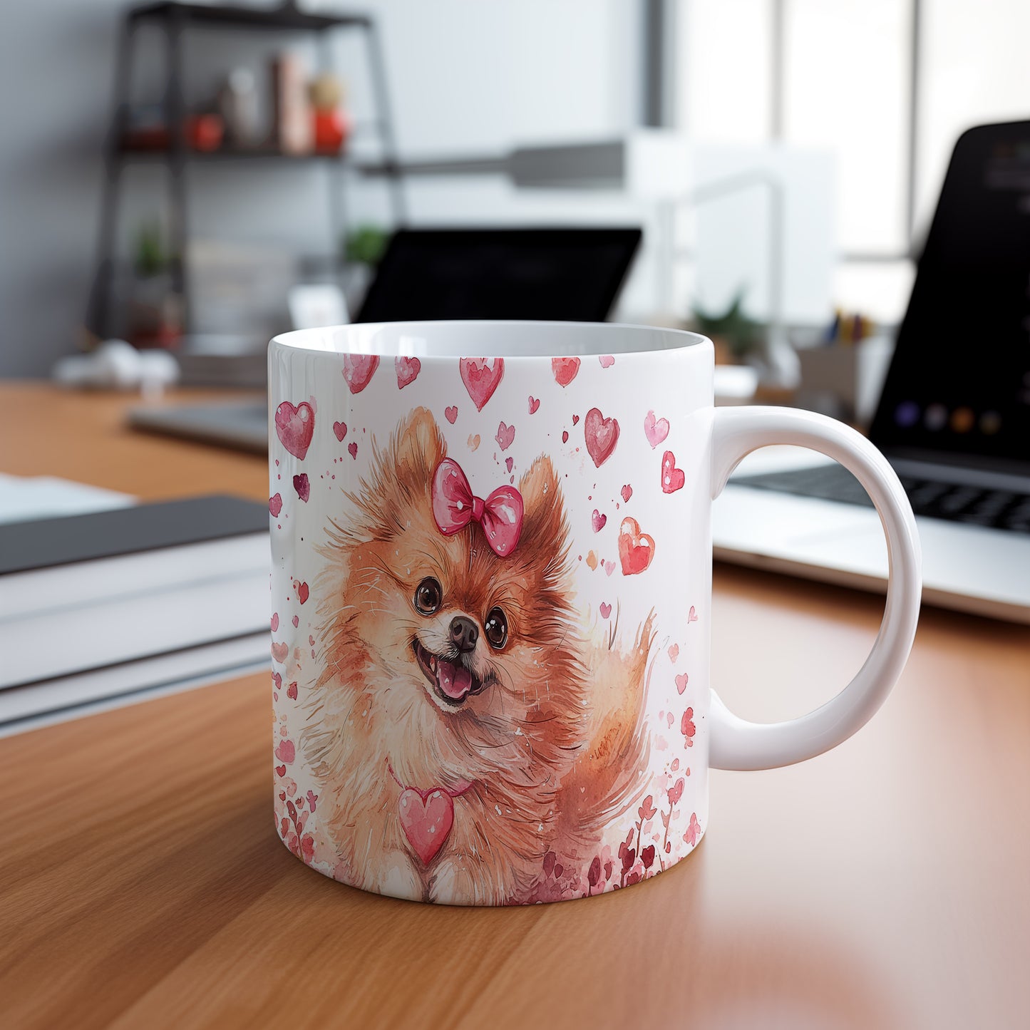 Hrnek s veselým pomeranianem a srdíčky v růžových tónech