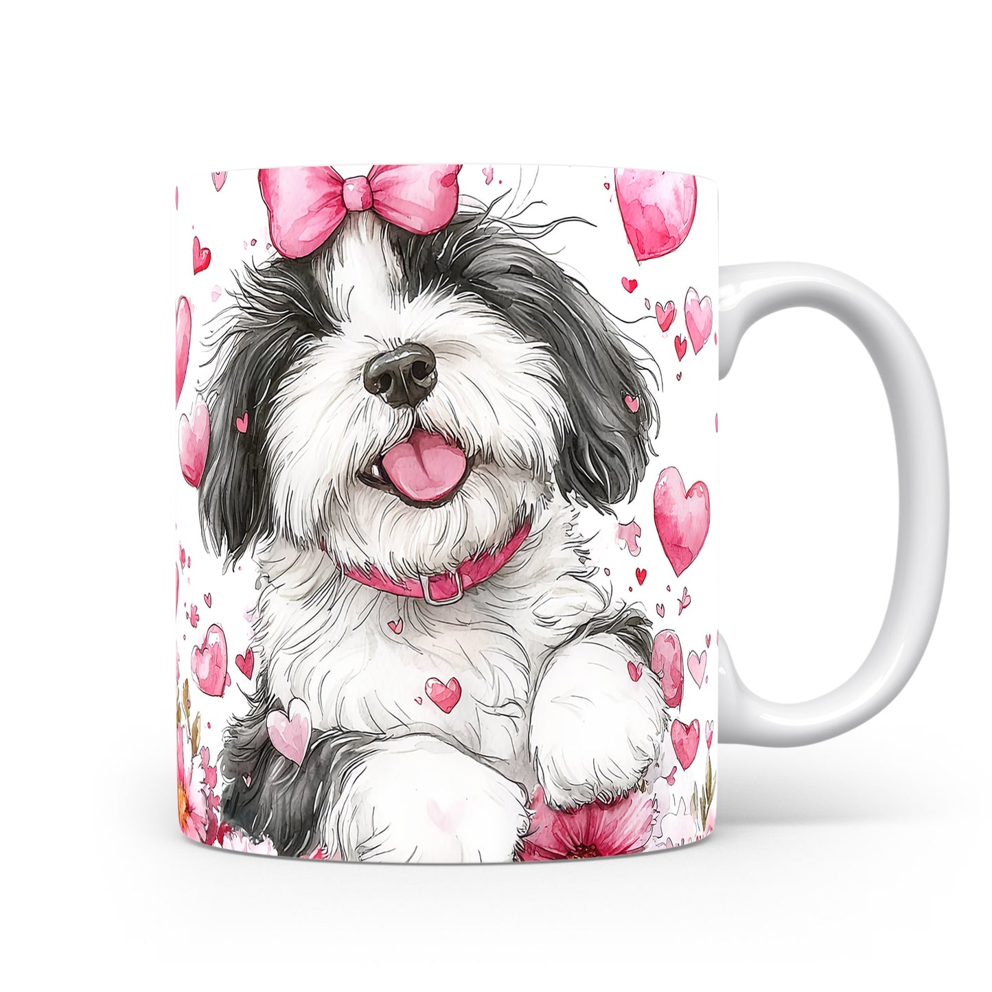 Hrnek s roztomilým štěnětem Shih tzu a růžovými srdíčky