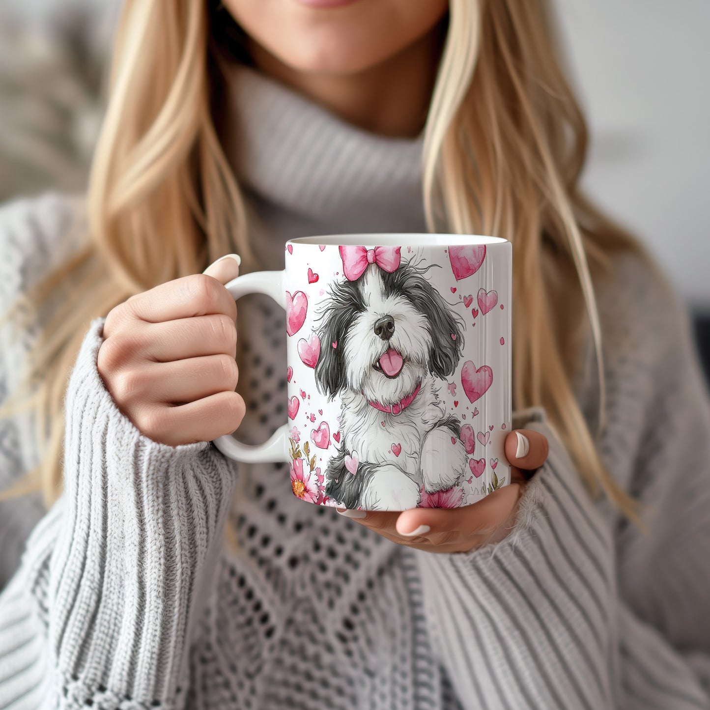Hrnek s roztomilým štěnětem Shih tzu a růžovými srdíčky