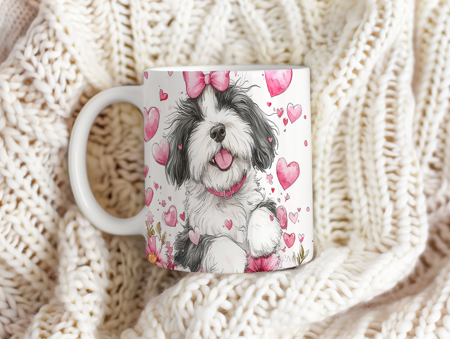 Hrnek s roztomilým štěnětem Shih tzu a růžovými srdíčky