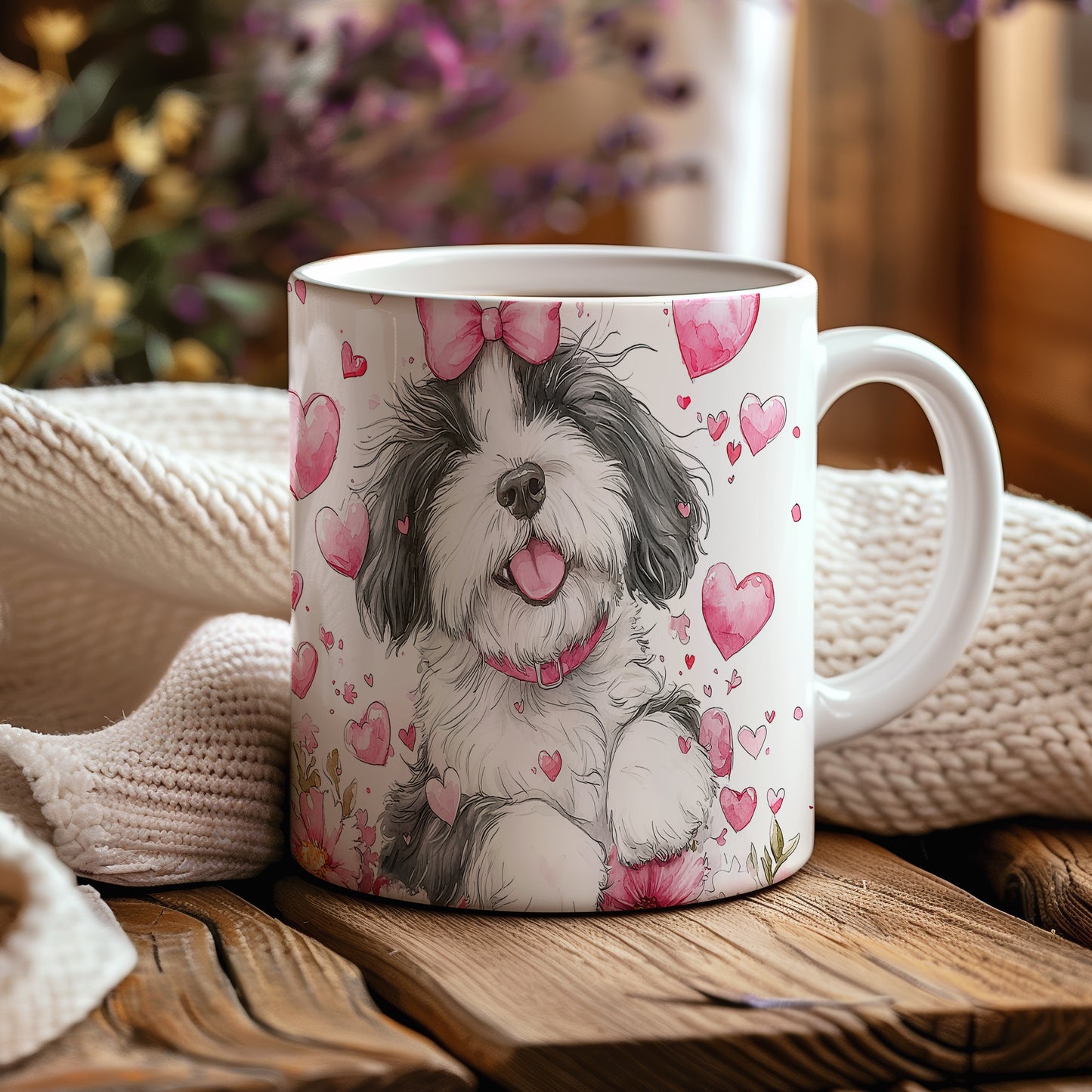 Hrnek s roztomilým štěnětem Shih tzu a růžovými srdíčky