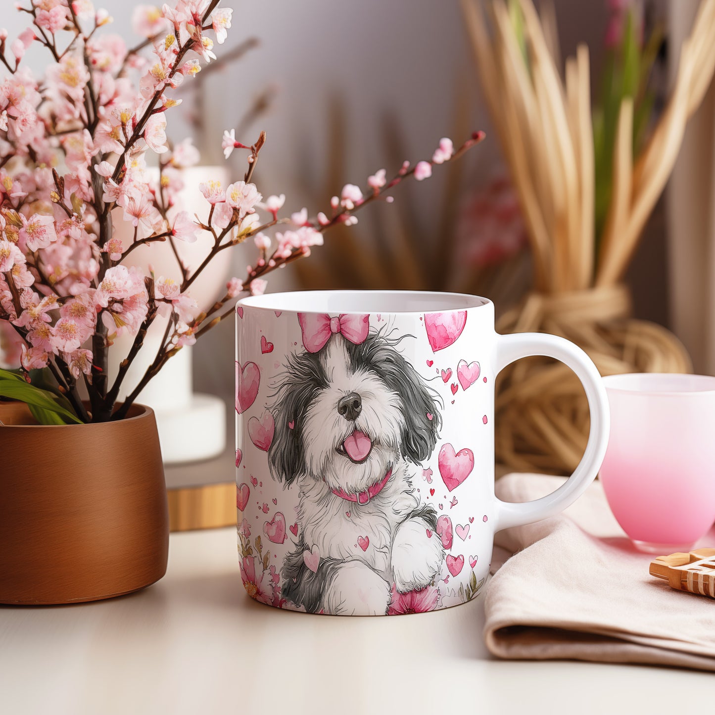 Hrnek s roztomilým štěnětem Shih tzu a růžovými srdíčky