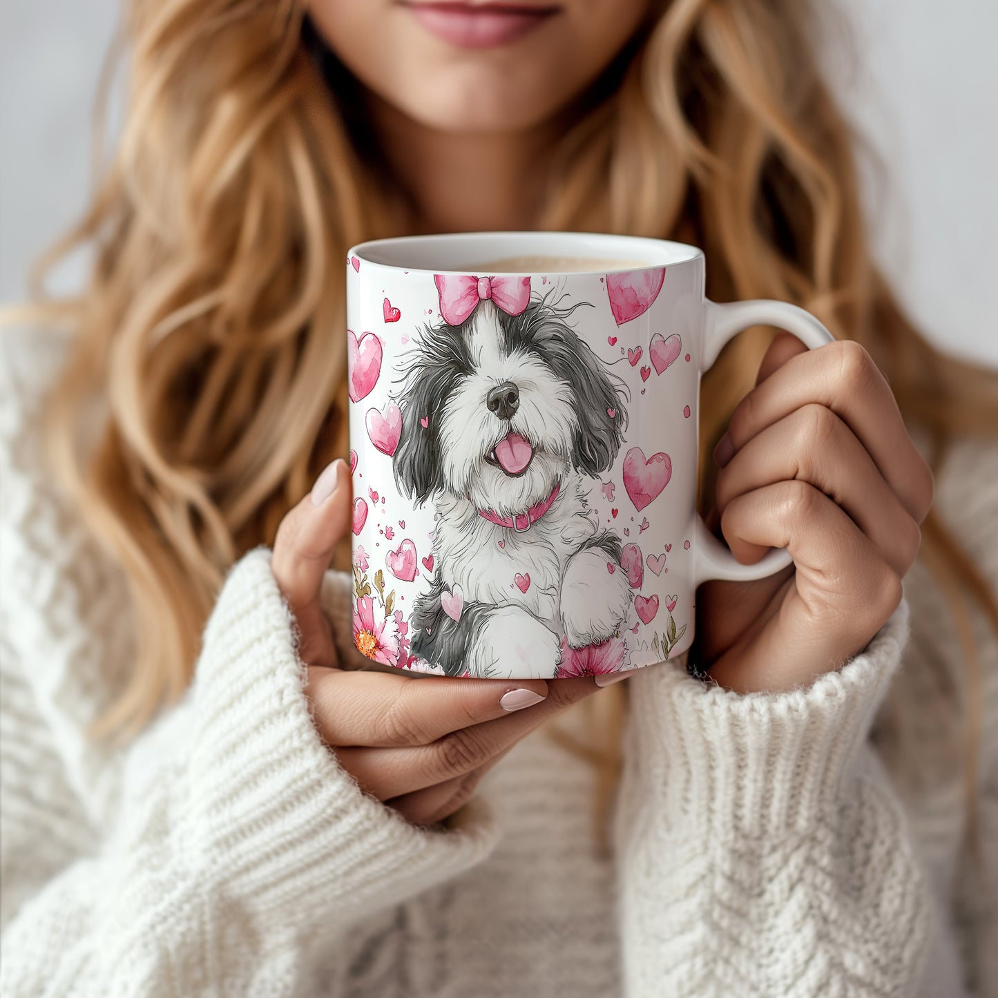 Hrnek s roztomilým štěnětem Shih tzu a růžovými srdíčky