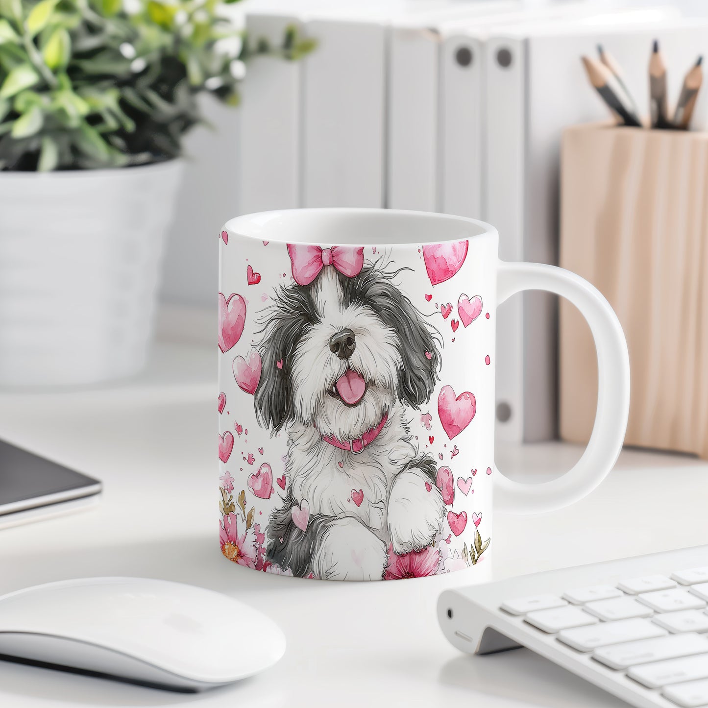 Hrnek s roztomilým štěnětem Shih tzu a růžovými srdíčky