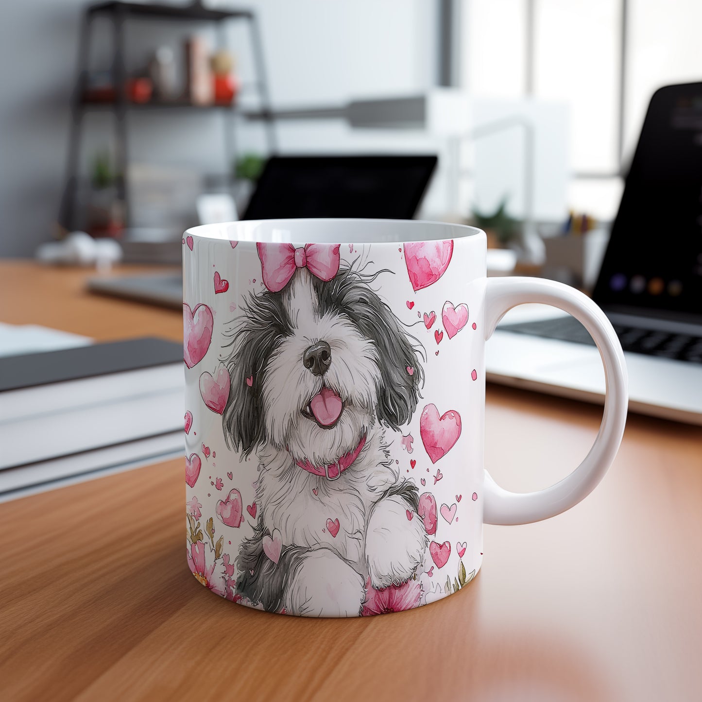 Hrnek s roztomilým štěnětem Shih tzu a růžovými srdíčky