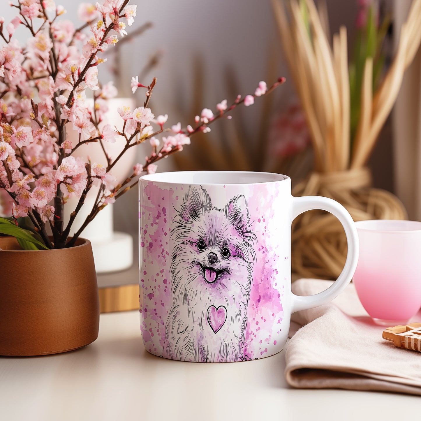 Hrnek s roztomilým Pomeranianem – černobílým motivem