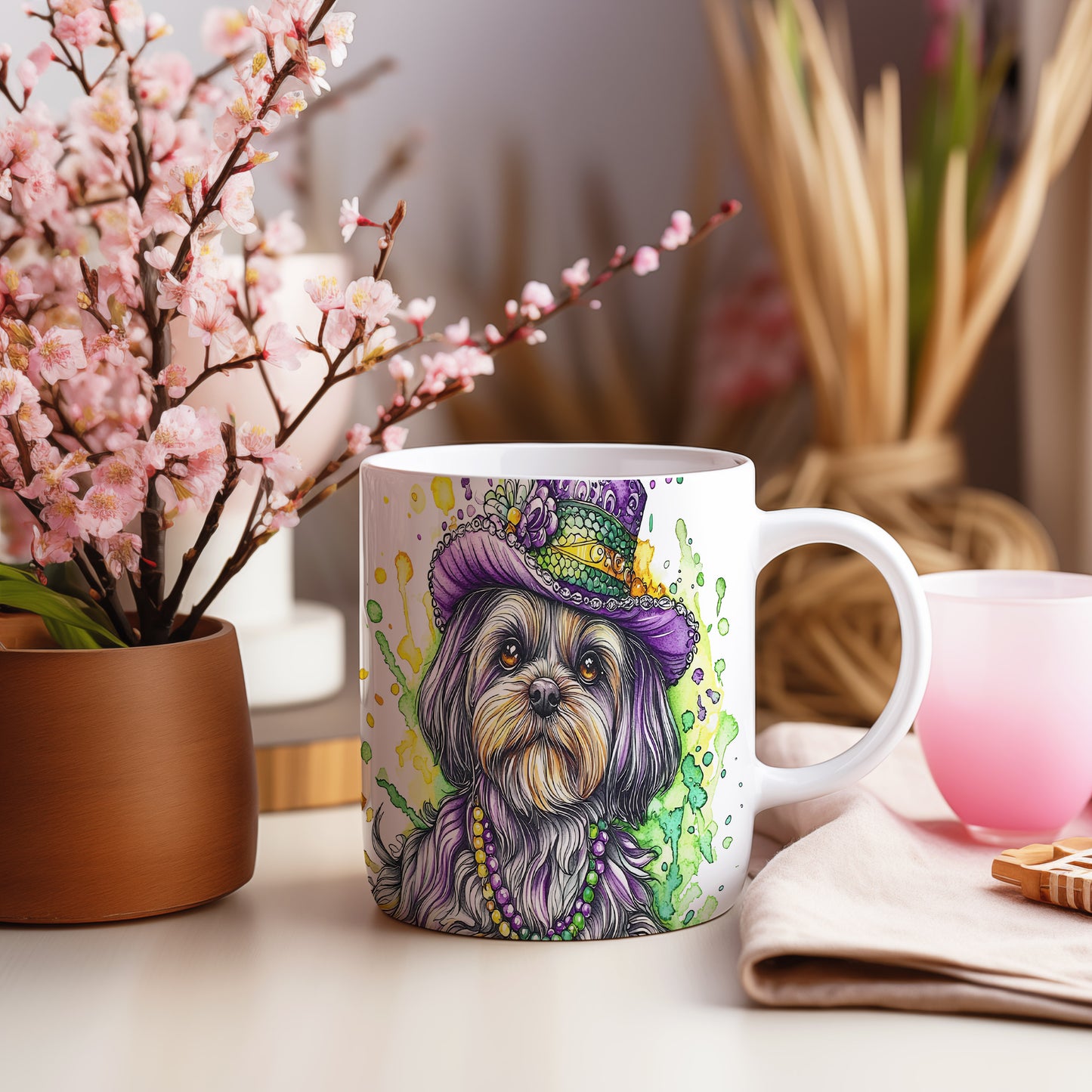 Hrnek s roztomilým Shih tzu v klobouku – bílým provedením
