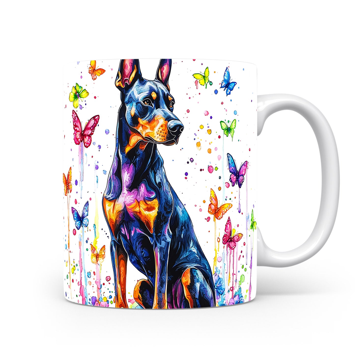 Hrnek s dobermanem a barevnými motýly