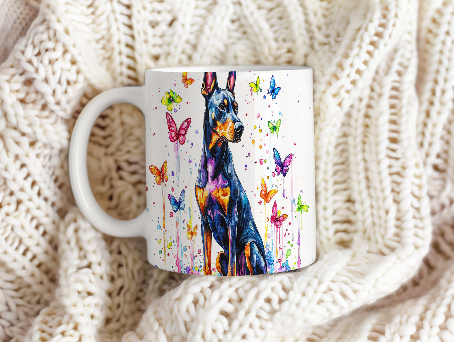 Hrnek s dobermanem a barevnými motýly