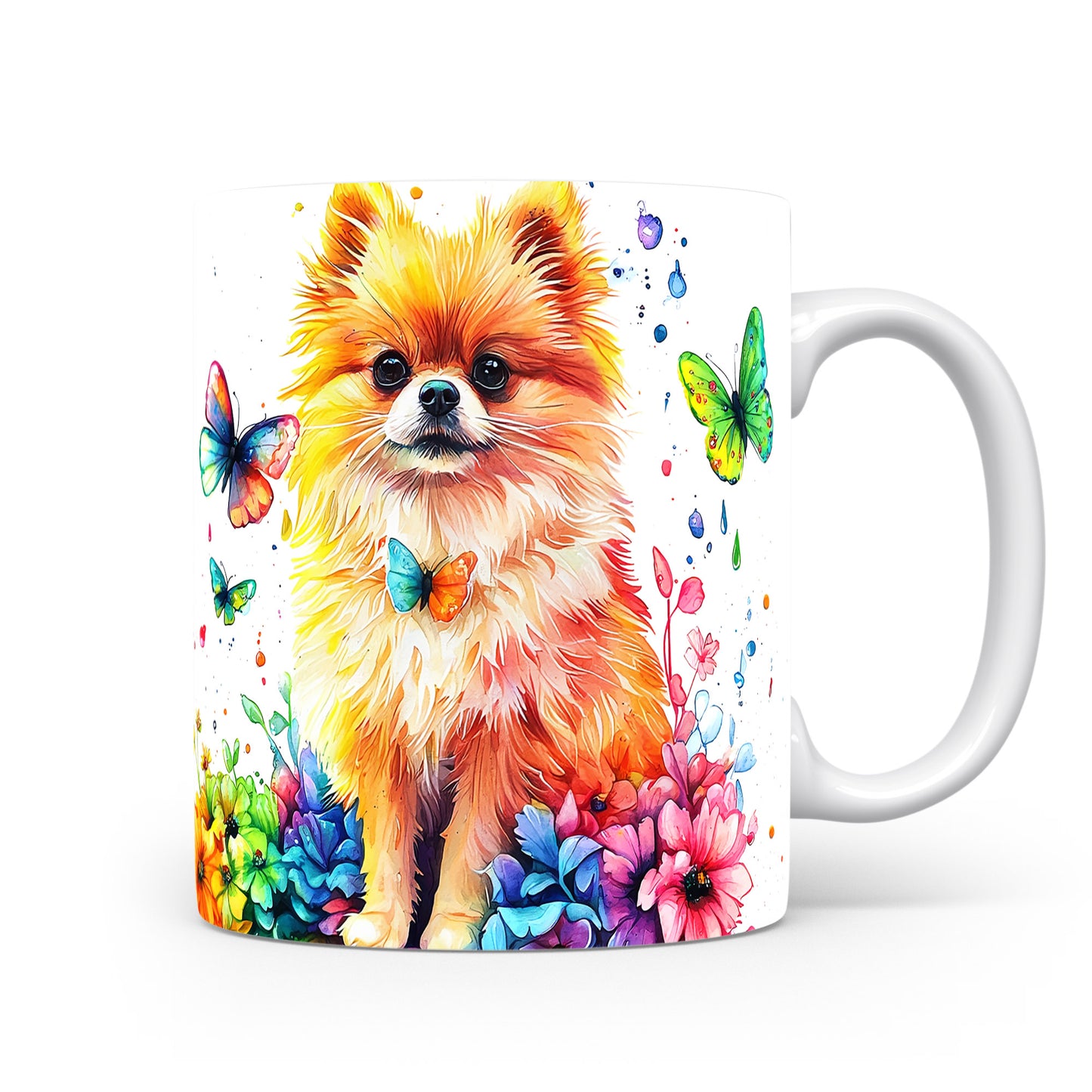 Hrnek s roztomilým pomeranianem a barevnými motýly