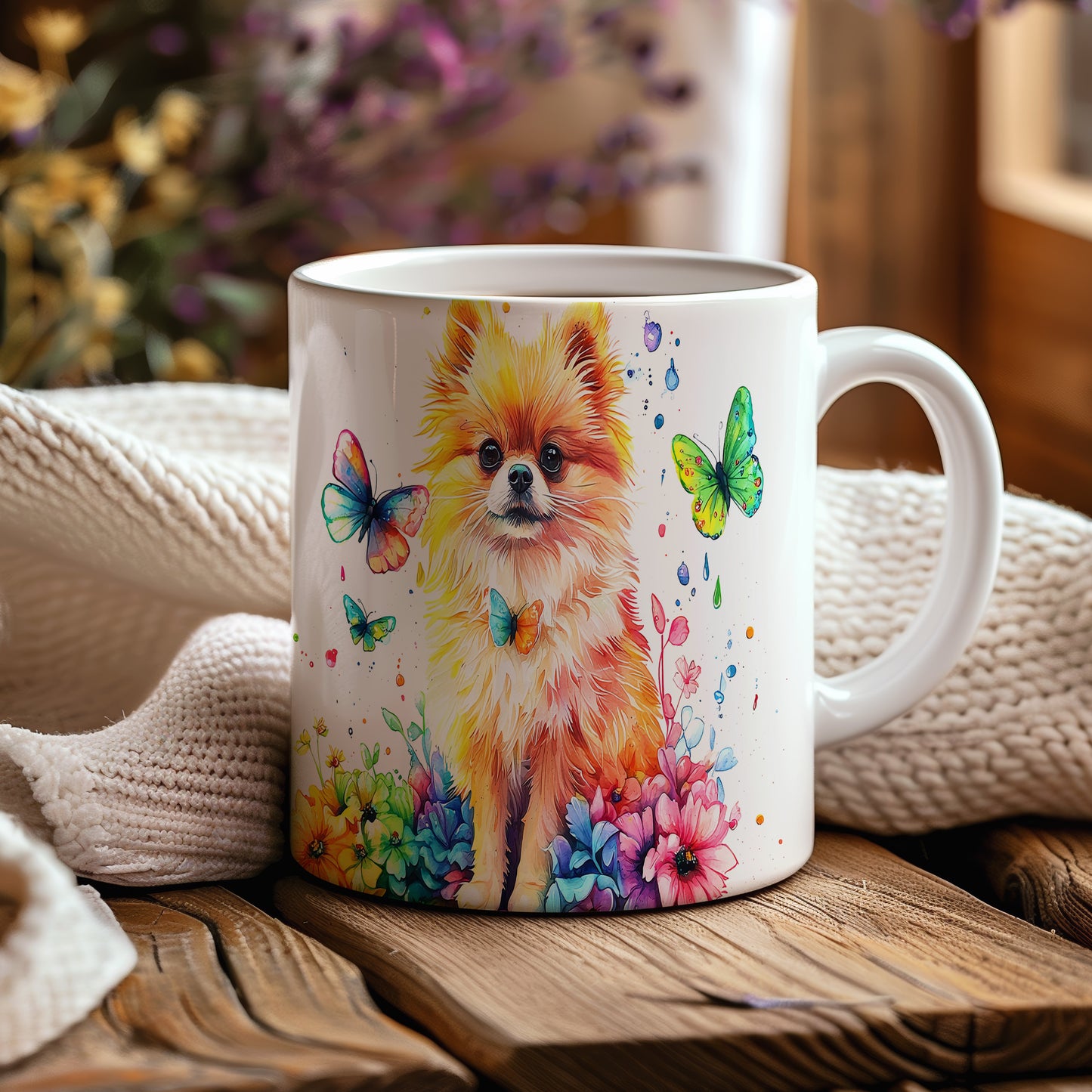 Hrnek s roztomilým pomeranianem a barevnými motýly