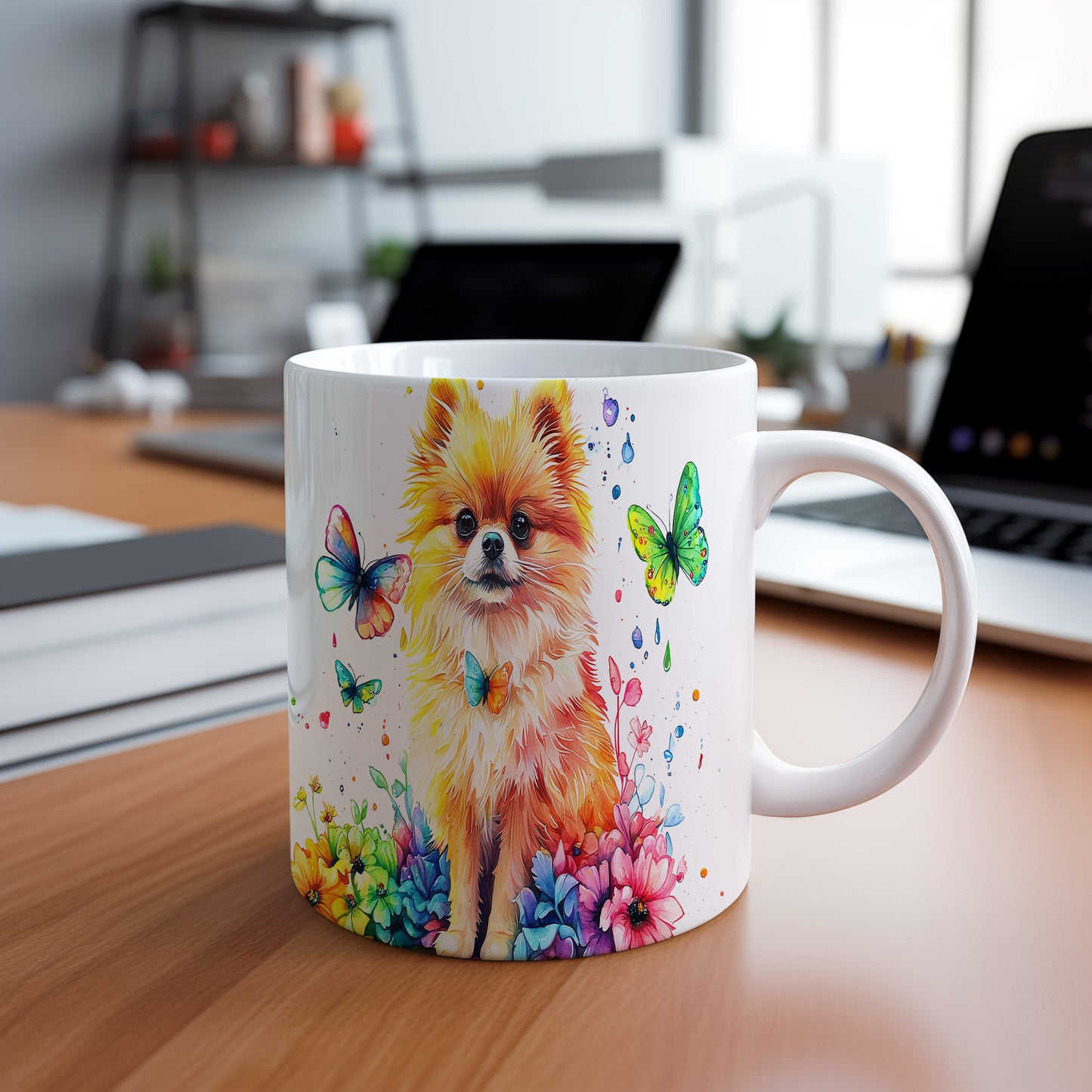 Hrnek s roztomilým pomeranianem a barevnými motýly