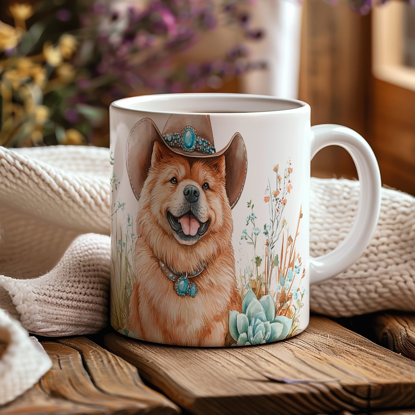 Hrnek s chow chow psem v kovbojském klobouku