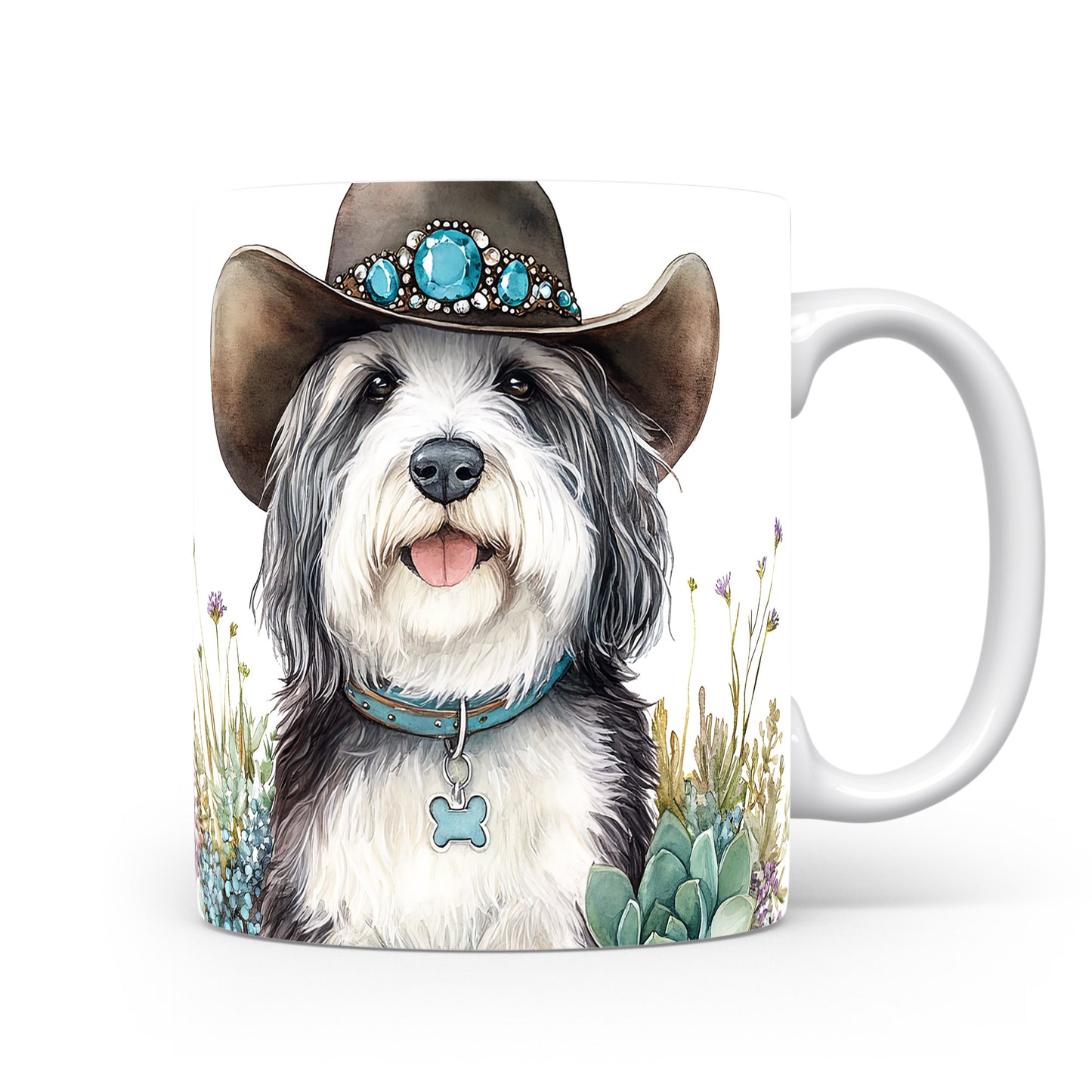 Hrnek s Bearded Collie v klobouku – černobílým motivem