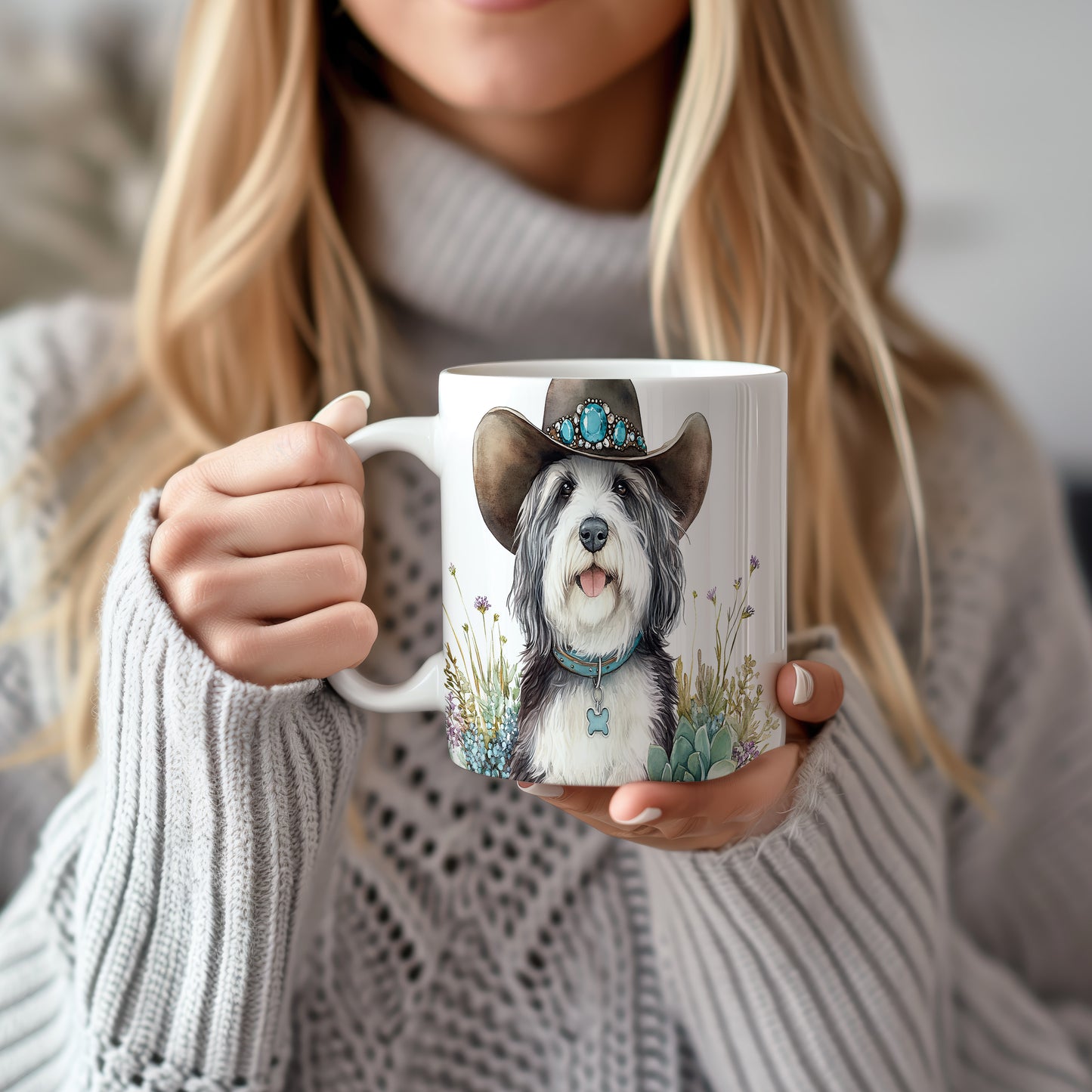 Hrnek s Bearded Collie v klobouku – černobílým motivem
