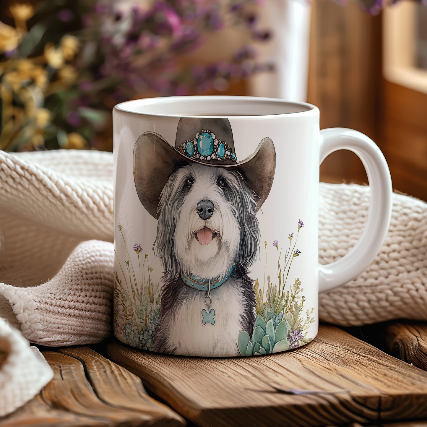 Hrnek s Bearded Collie v klobouku – černobílým motivem