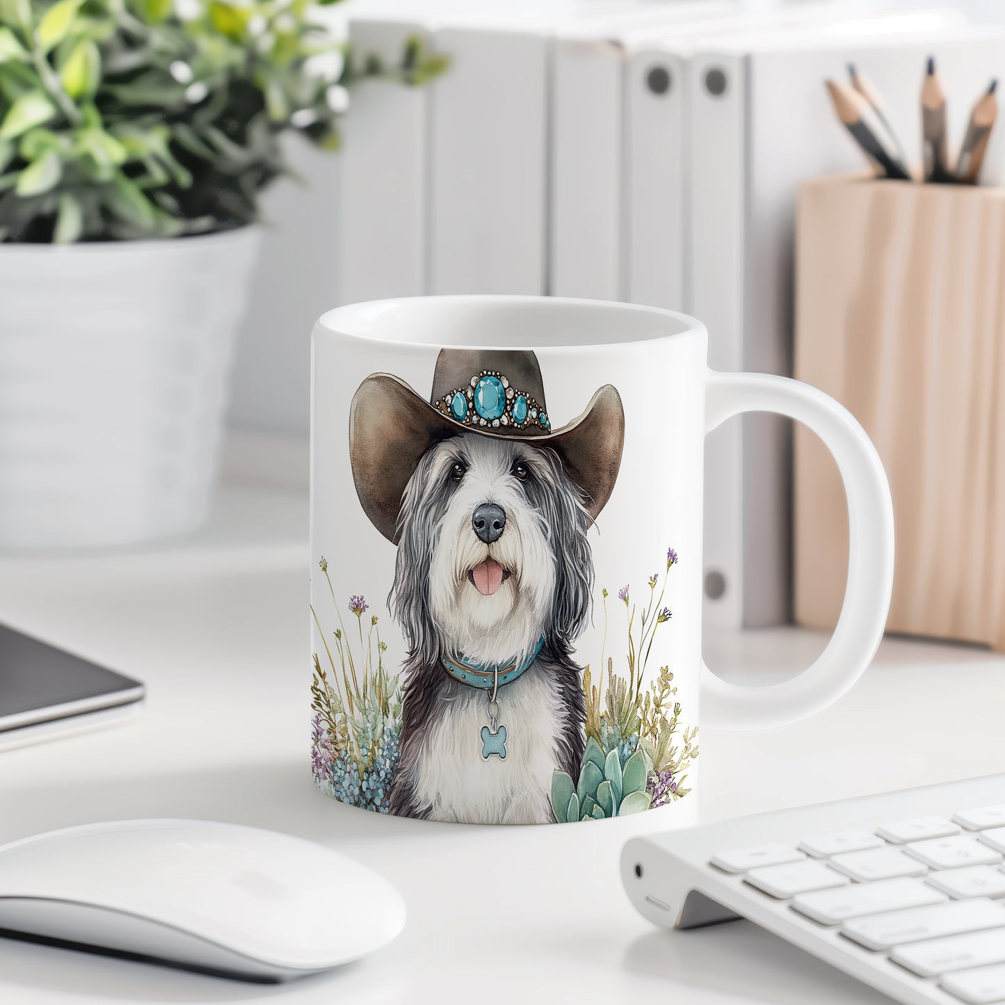 Hrnek s Bearded Collie v klobouku – černobílým motivem