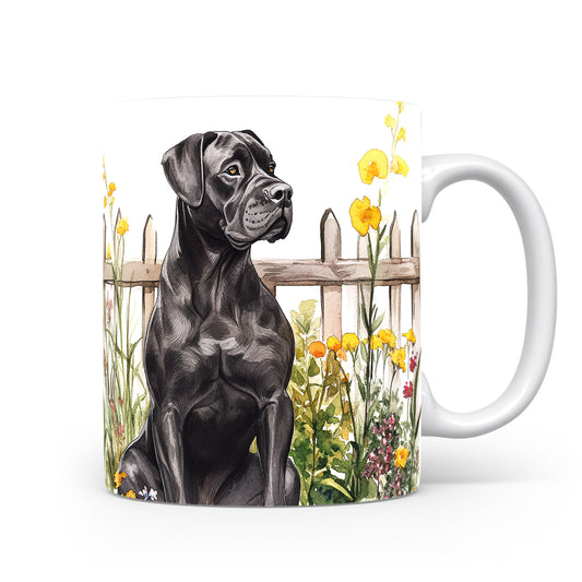 Hrnek se černým cane corso a letní zahradou