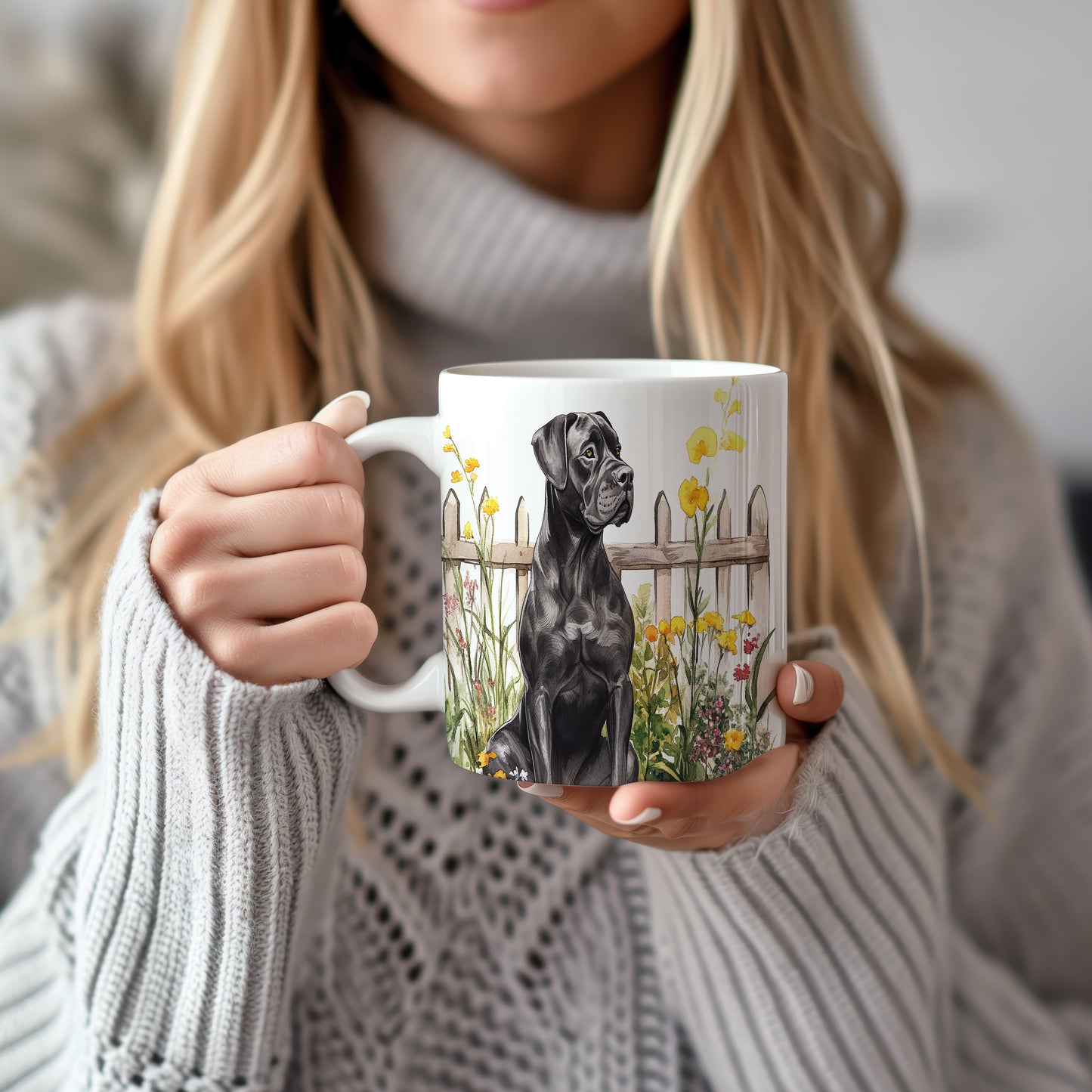 Hrnek se černým cane corso a letní zahradou