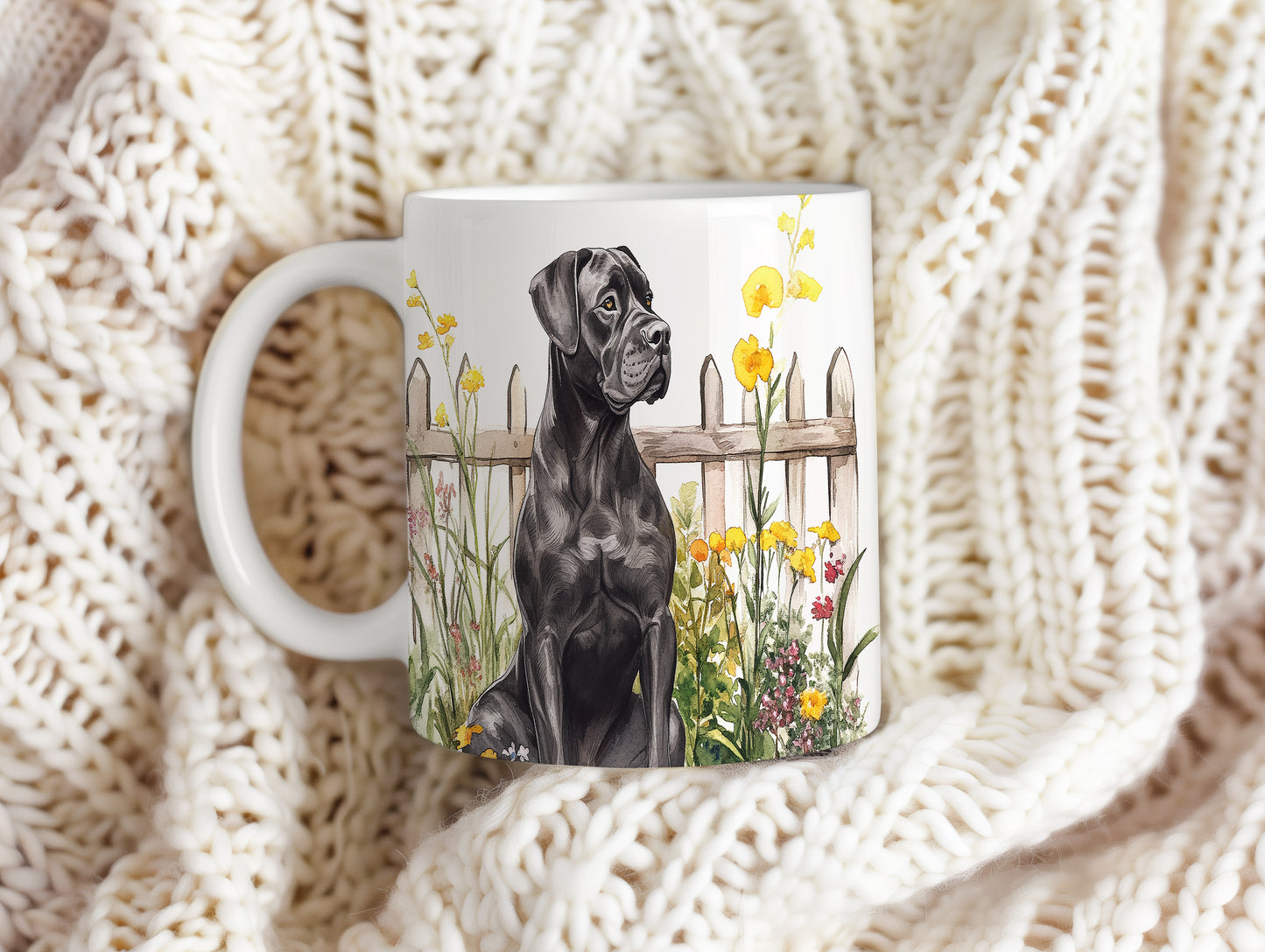 Hrnek se černým cane corso a letní zahradou