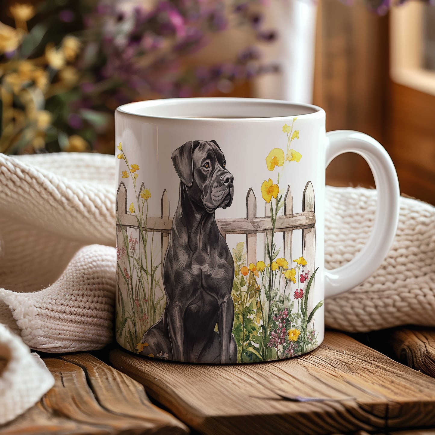 Hrnek se černým cane corso a letní zahradou