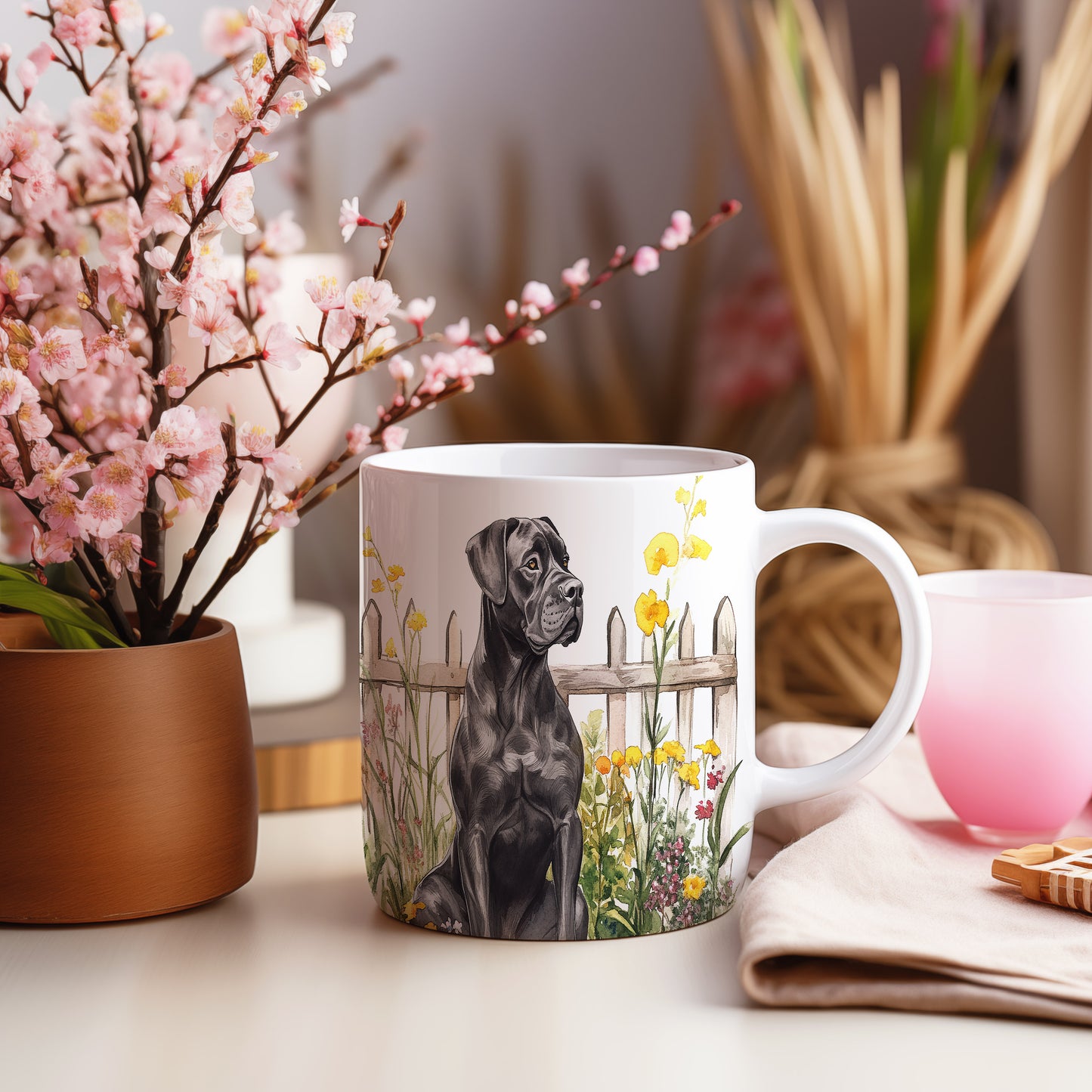 Hrnek se černým cane corso a letní zahradou