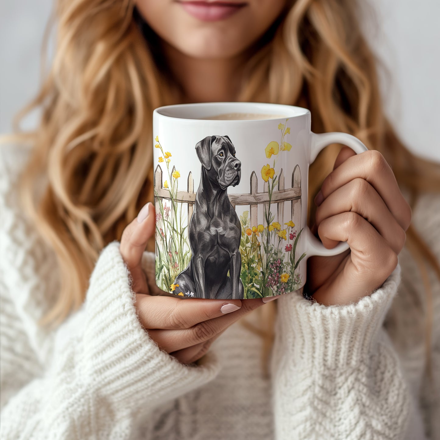 Hrnek se černým cane corso a letní zahradou
