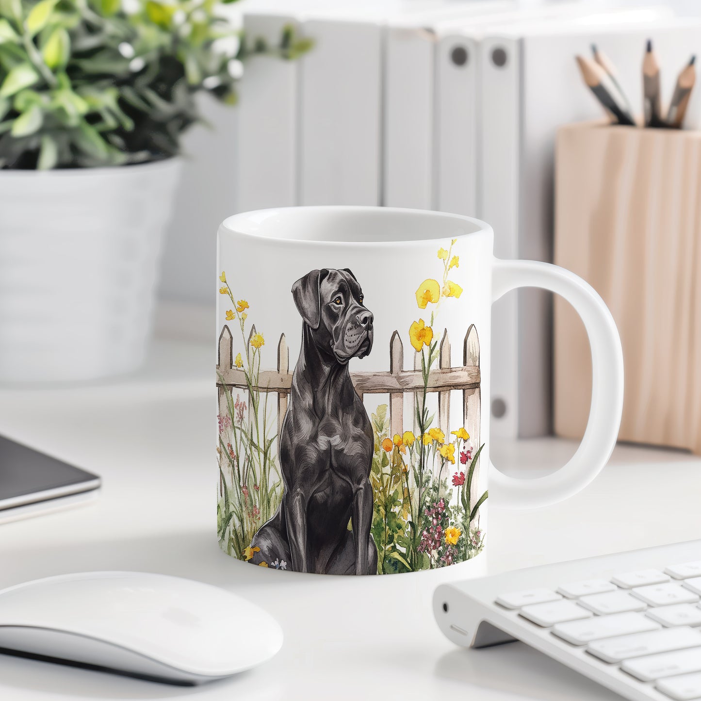 Hrnek se černým cane corso a letní zahradou