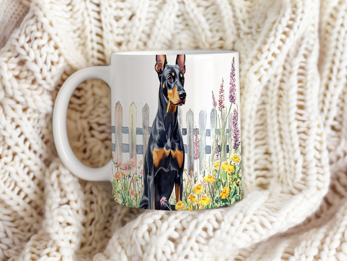 Hrnek s dobermanem v květinách