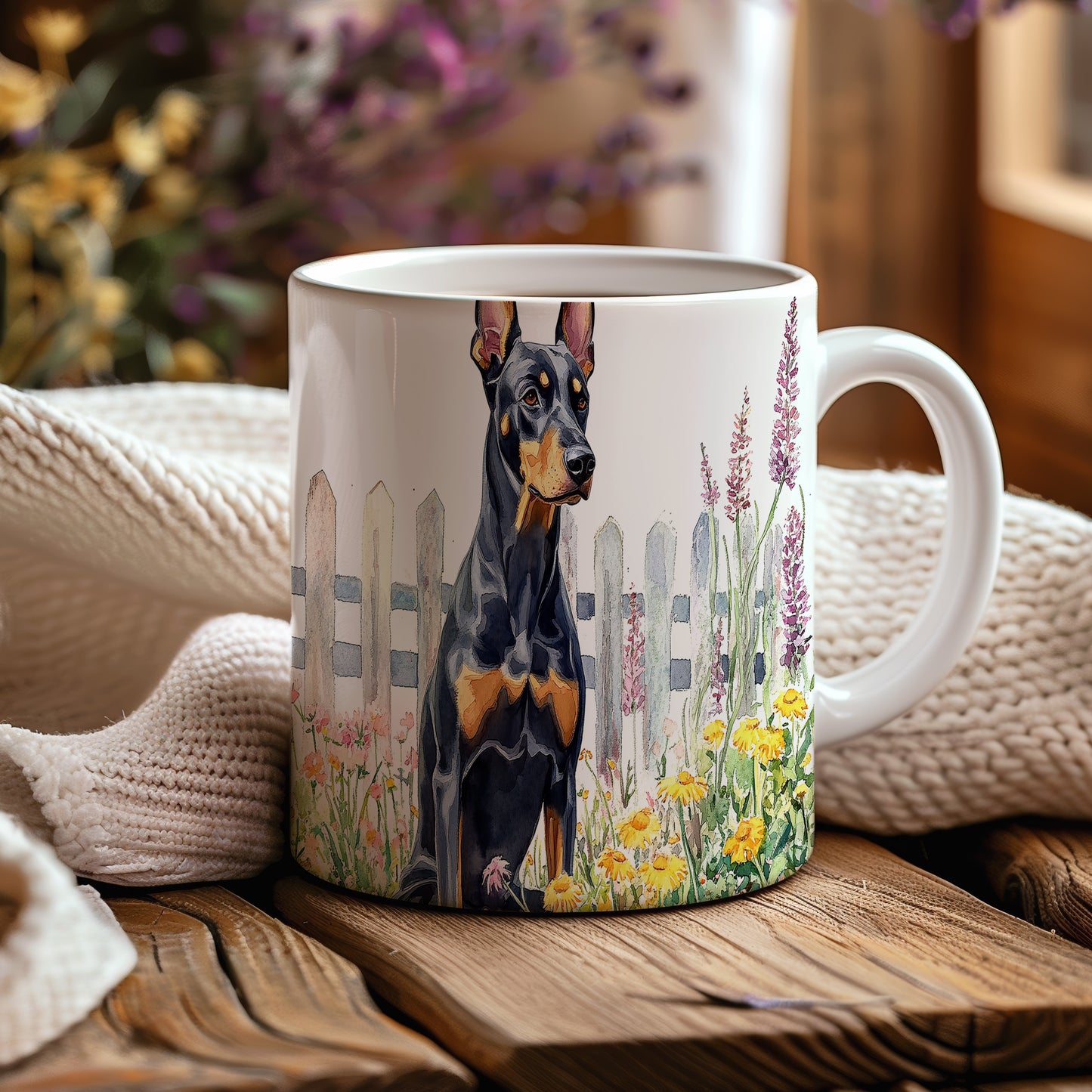 Hrnek s dobermanem v květinách