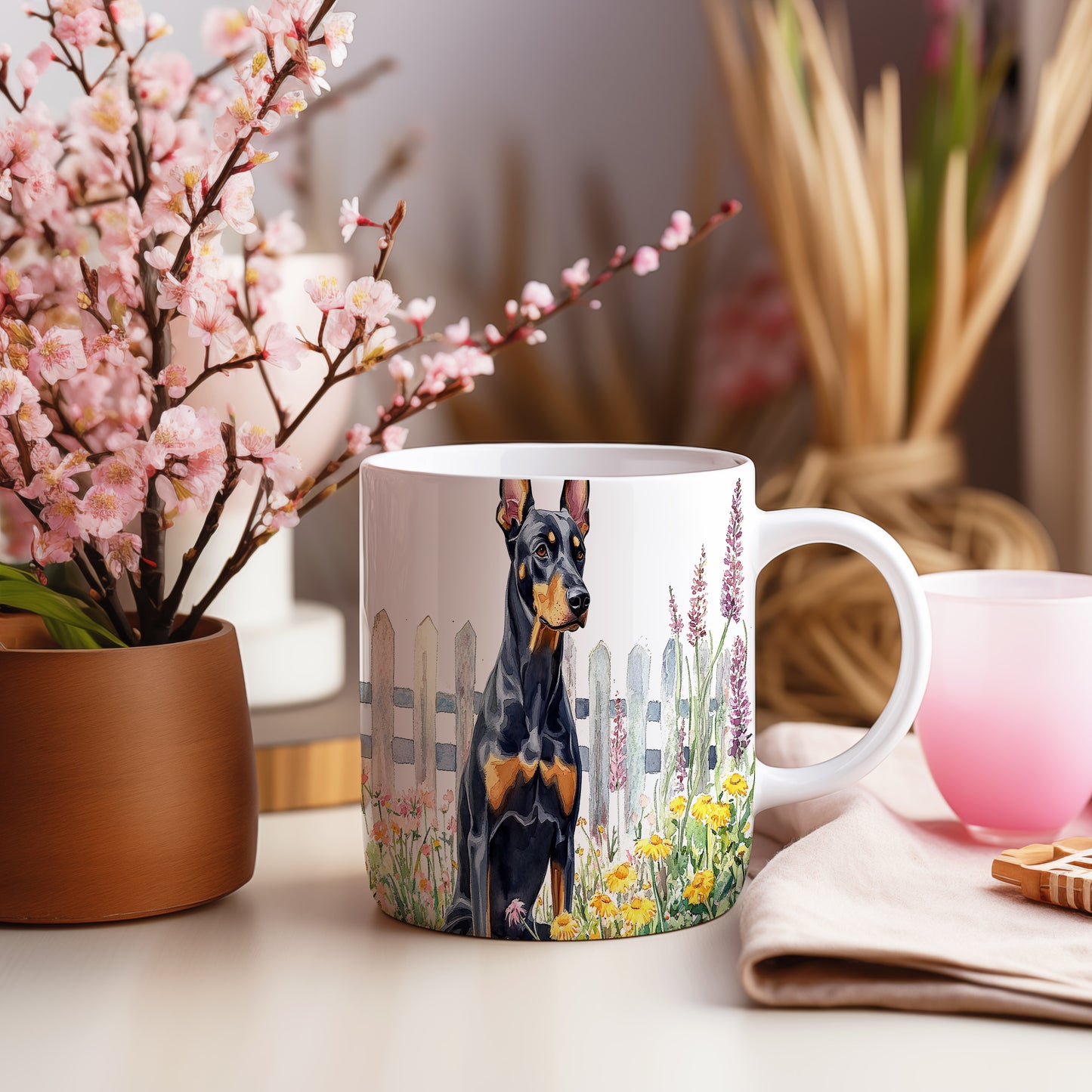 Hrnek s dobermanem v květinách